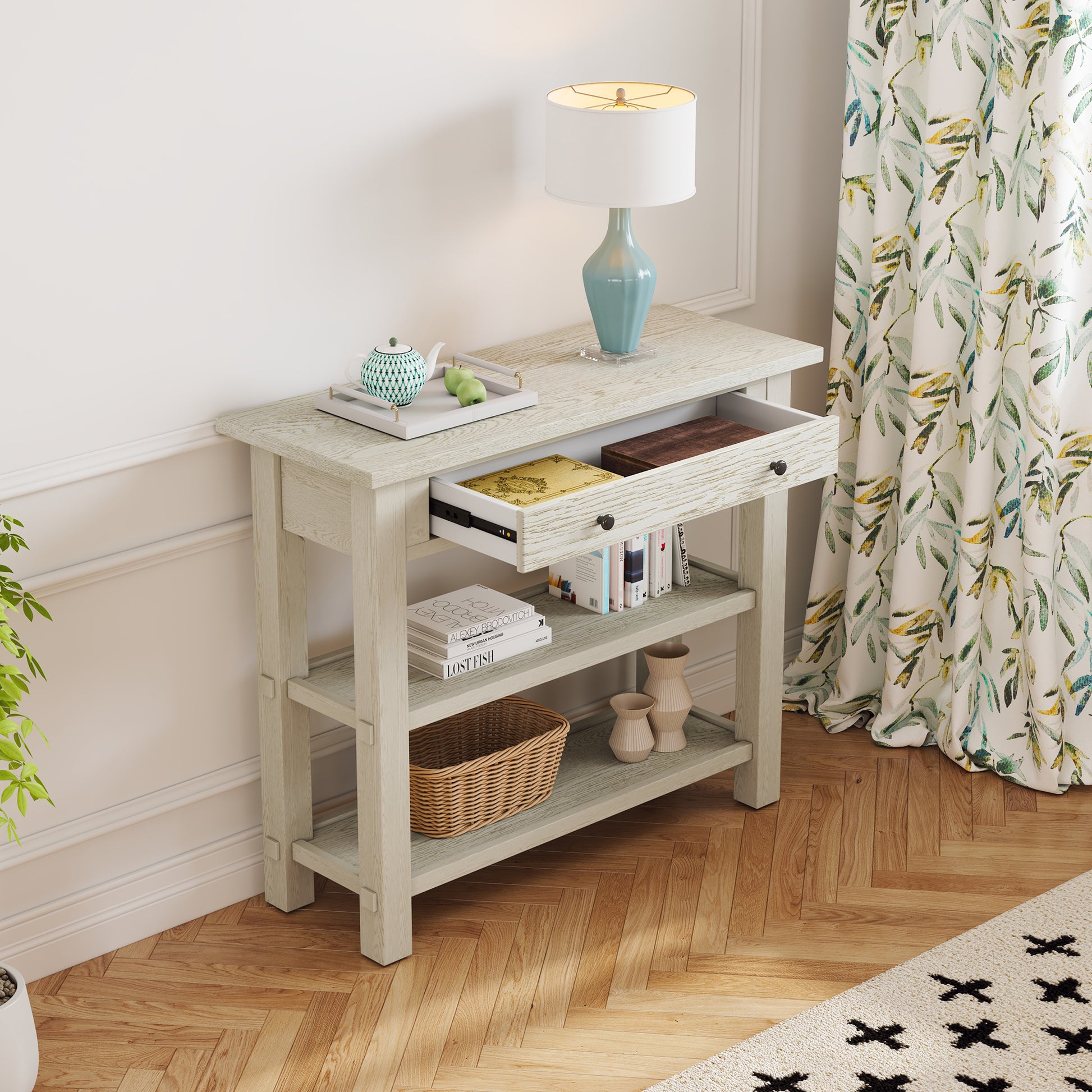 Retro Console Table With Drawer And Two Sturdy Shelves For Entryway, Living Room Gray Wash Gray Wash Mdf,Rubber Wood