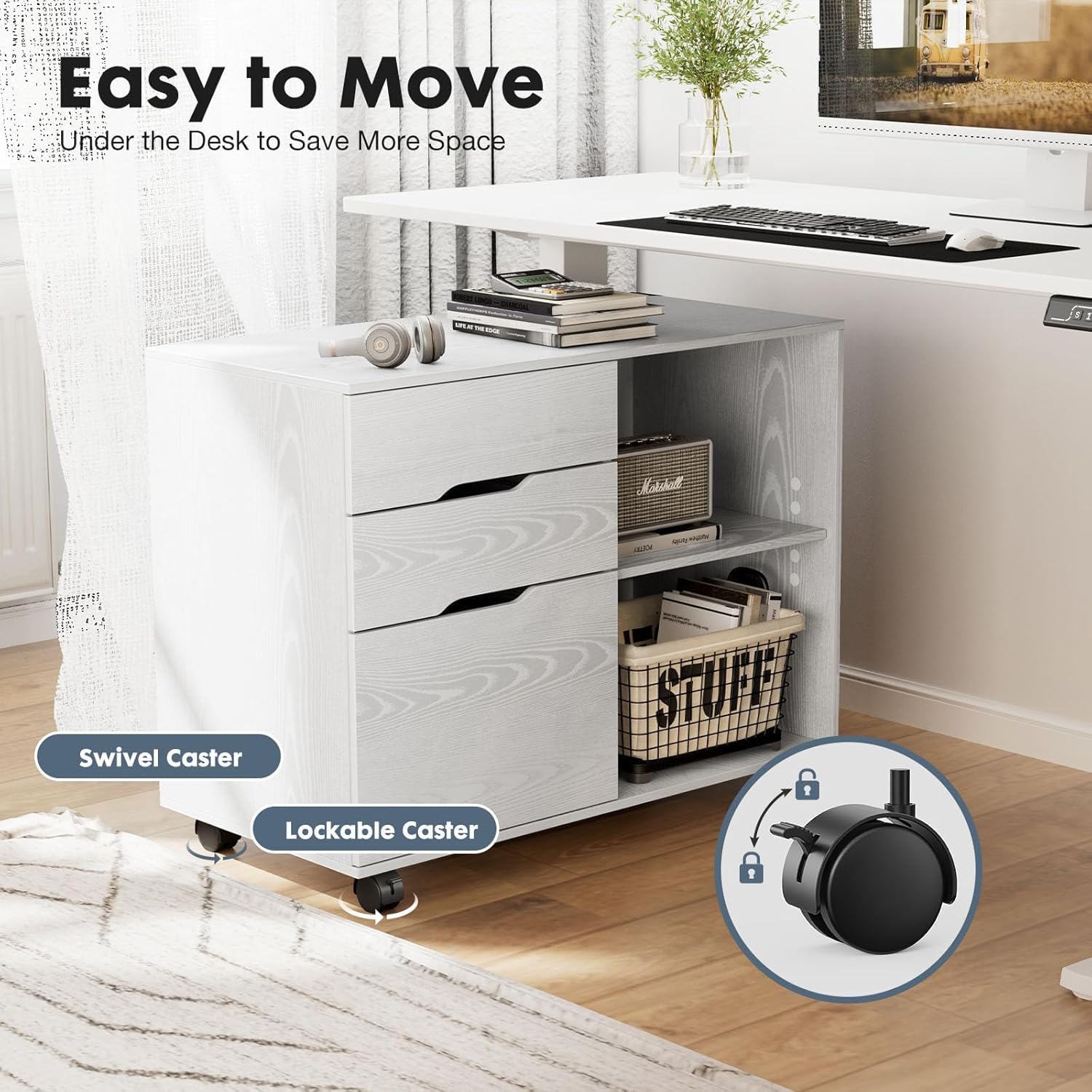 3 Drawer File Cabinet, Lateral Mobile Filing Cabinet Wood Storage Organizer With Wheels, Printer Stand & Open Shelves For Home Office Under Desk Organization White White Wood