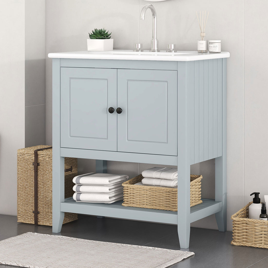 30" Gray Modern Sleek Bathroom Vanity Elegant Ceramic Sink With Solid Wood Frame Open Style Shelf & Door Shelf Design Gray Solid Wood