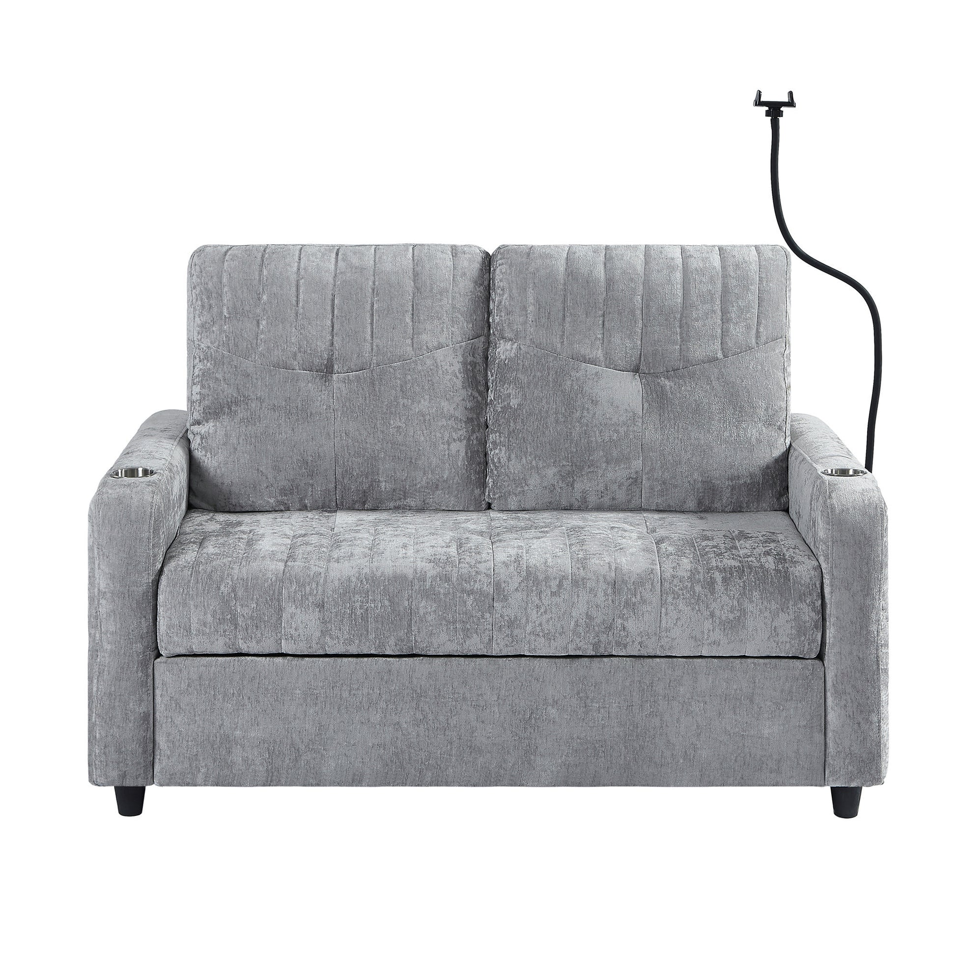 53.9" Modern Loveseat Pull Out Sofa Bed With Adjustable Backrest, Two Cup Holdersa Phone Holder, Three Charging Ports And Side Storage Pockets For Living Room, Grey Grey Foam Chenille