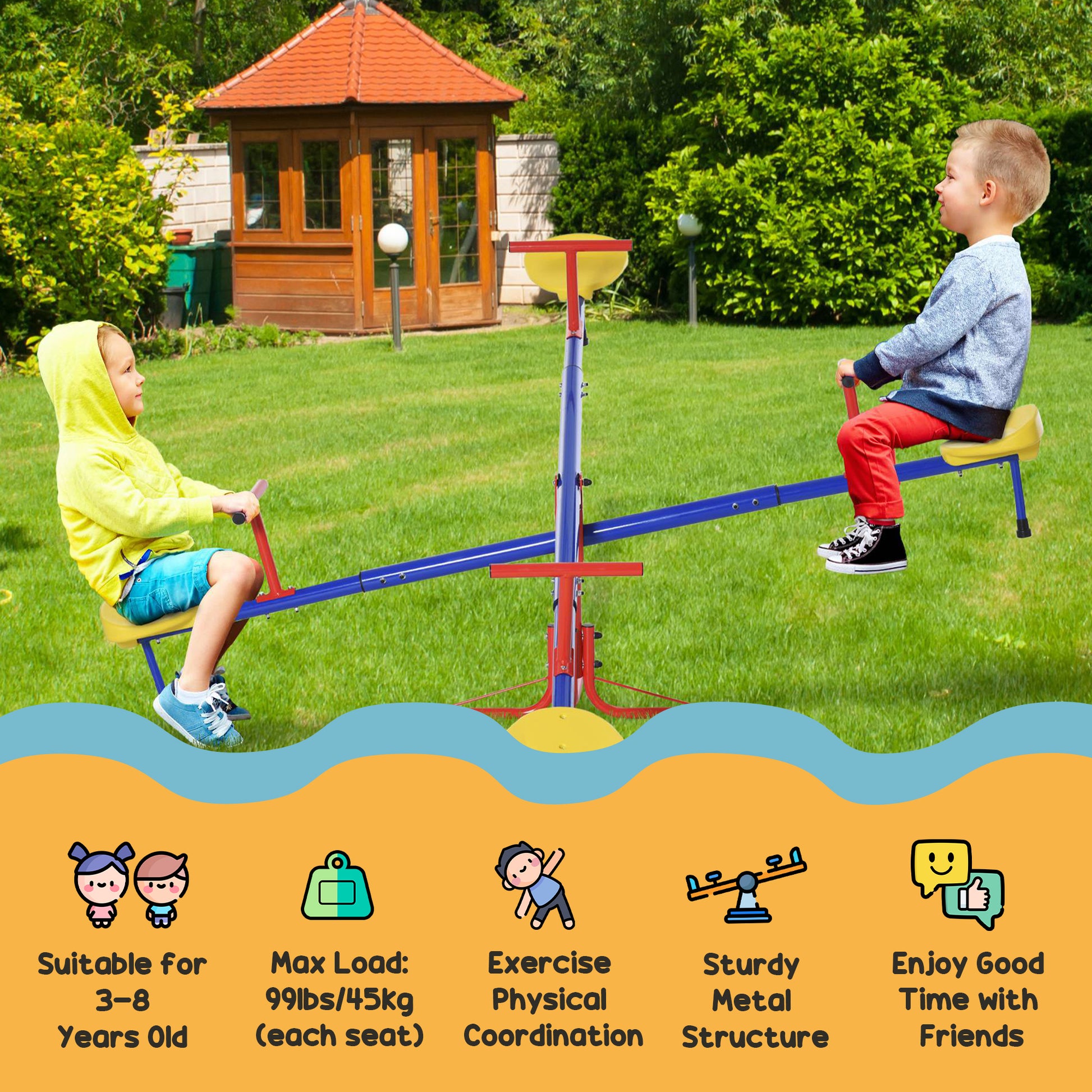 Outsunny Kids Seesaw Swivel Teeter Totter With 360 Spinning, 4 Seater Seesaw Outdoor Playground Equipment For Backyard, Boys And Girls Aged 3 8 Years Old Multicolor Metal