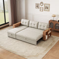 Upholstered Pull Out Sectional Sofa With Storage Chaise, Convertible Corner Couch, Beige Wooden Handrail Beige Wood Medium Soft Pillow Back Modern Square Arms Linen 3 Seat
