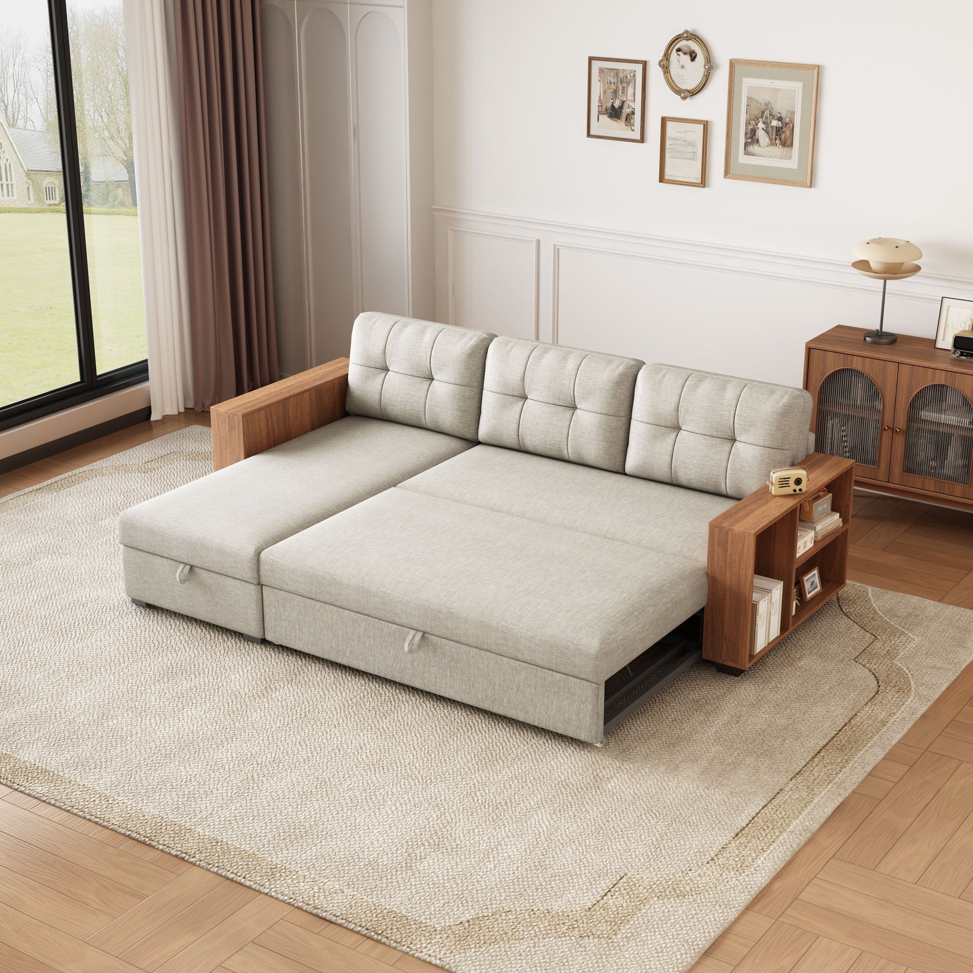 Upholstered Pull Out Sectional Sofa With Storage Chaise, Convertible Corner Couch, Beige Wooden Handrail Beige Wood Medium Soft Pillow Back Modern Square Arms Linen 3 Seat