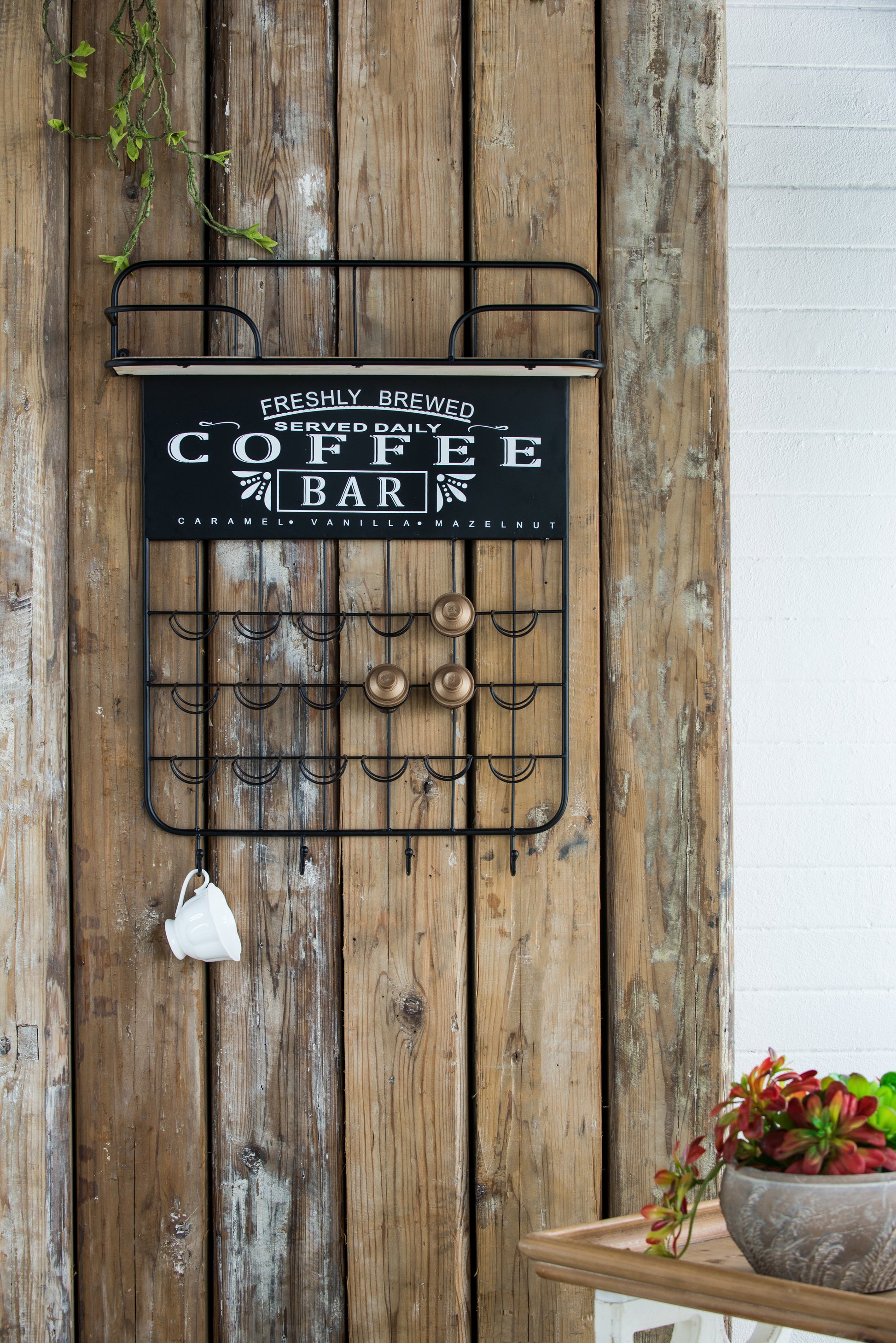 22.8X5.5X28.7" Black Floating Coffee Bar Shelf With Coffee Pod Holder, Hooks And Storage Shelf Black Iron