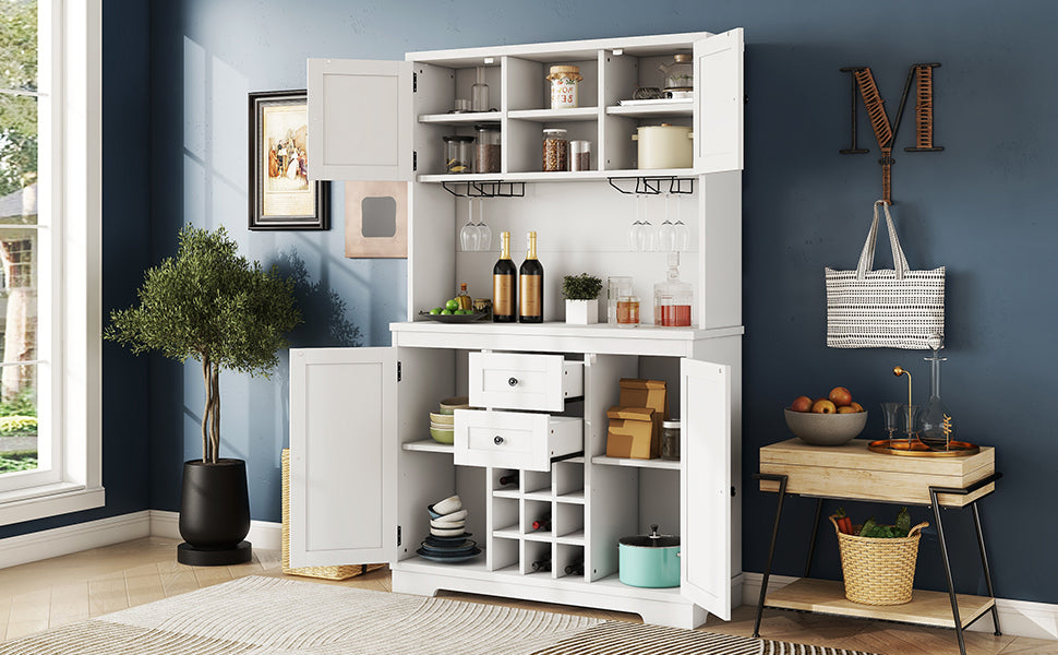 Coffee Bar Cabinet Kitchen Cabinet With Storage, Farmhouse Wine Cabinet With Drawers Shelves And Cabinets, Buffet Cabinet Wine & Glass Racks For Dining Room, White Off White Particle Board Mdf