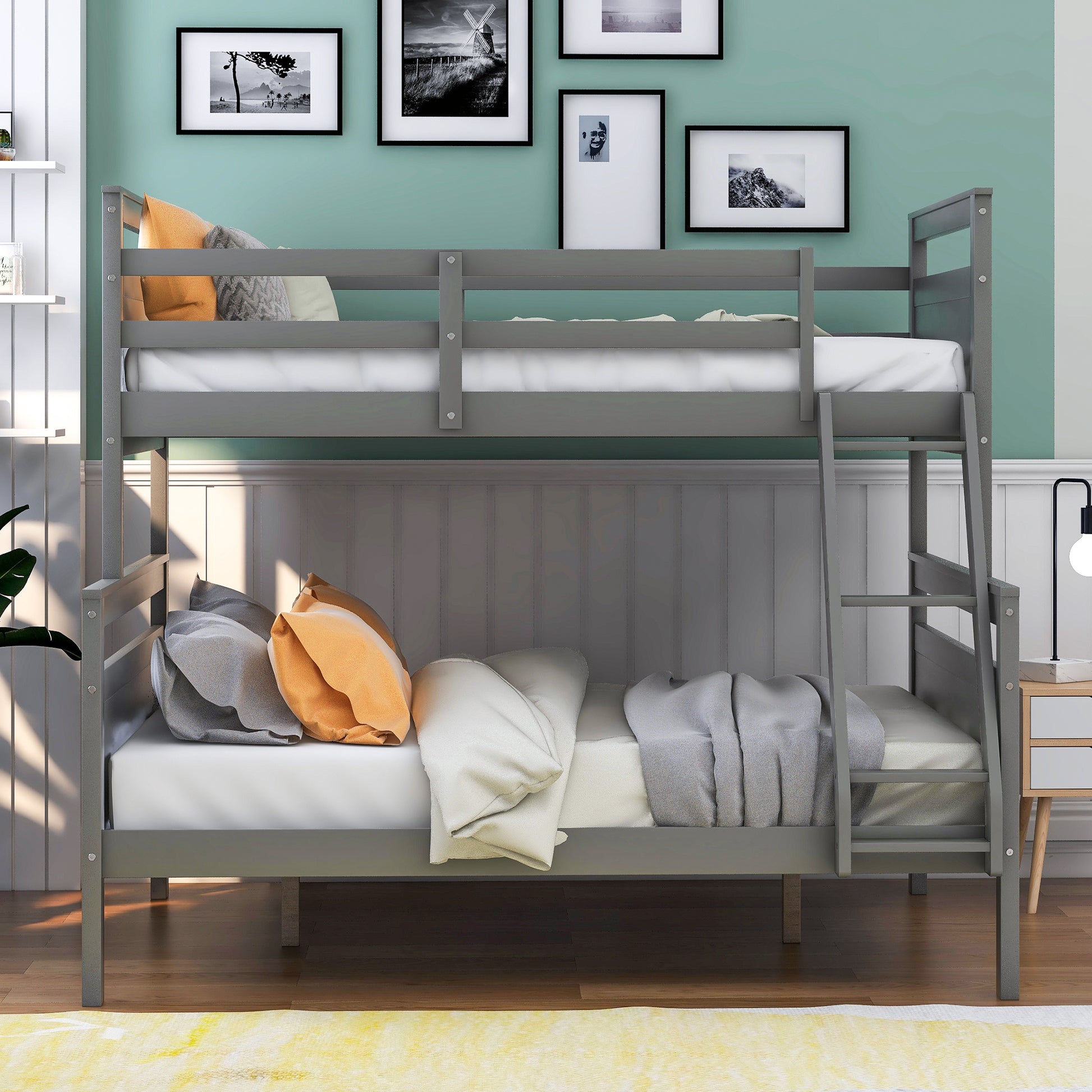 Twin Over Full Bunk Bed With Ladder, Safety Guardrail, Perfect For Bedroom, Gray Box Spring Not Required Twin Gray Wood Bedroom Bunk Pine