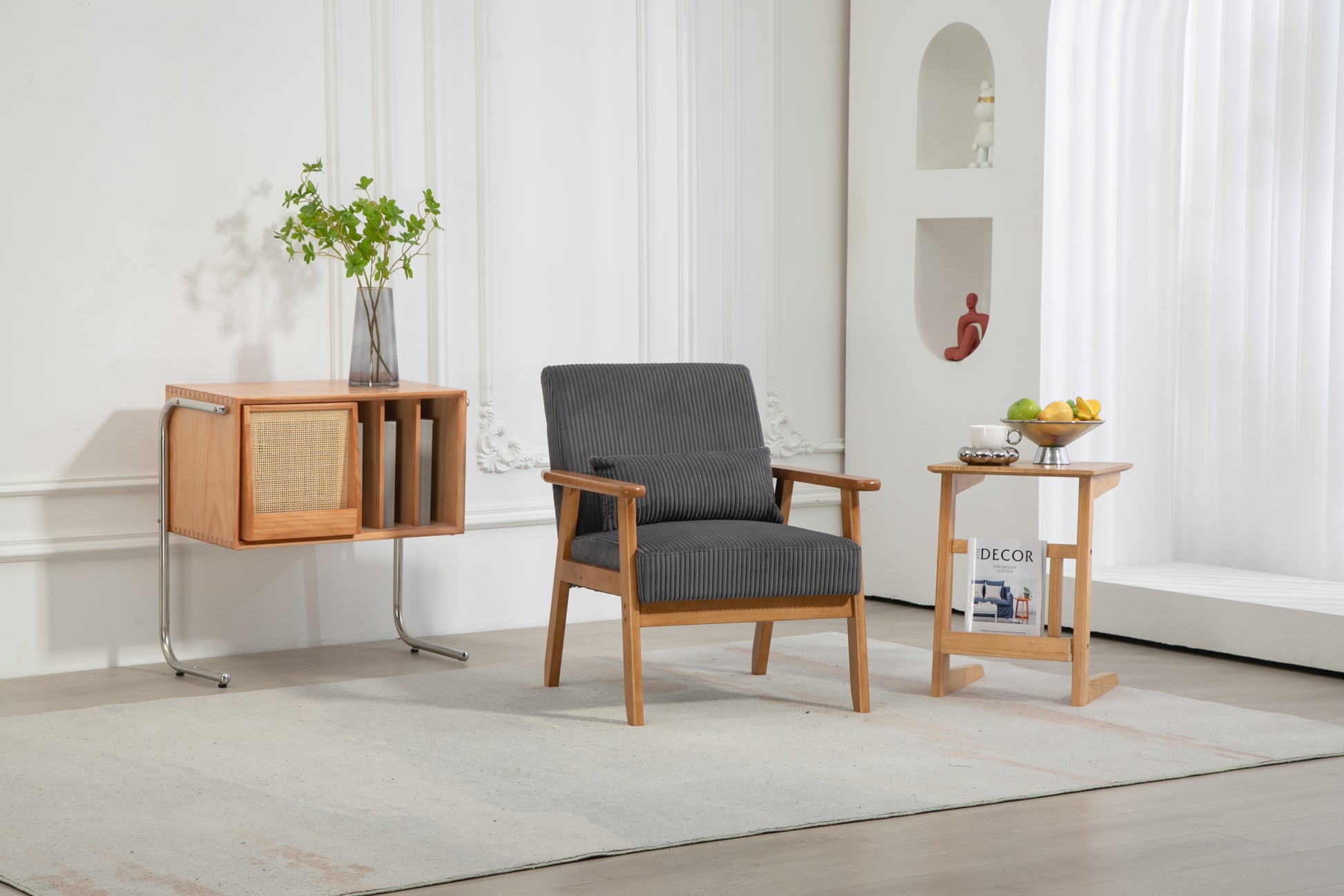 Leisure Chair With Solid Wood Armrest And Feet, Leisure Chair, Wood Frame, Velvet, L, Solid Rubber Wood Legs, Mid Century Modern Accent Chair, For Living Room Bedroom Studio Chair Dark Gray Corduroy