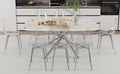 Table And Chair Set.Modern Luxurious White Marble Patterned Tempered Glass Dining Table Set With Transparent Pp Chairs.8 Transparent High Quality Pp Dining Chairs With Silver Legs. White Silver