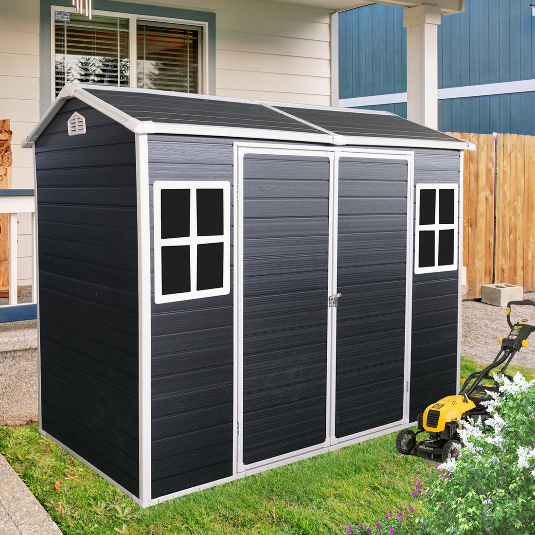 4X8Ft Resin Outdoor Storage Shed With Two Window And Double Door,Plastic Shed With Floor For Gargen,Patio,Yard,Lawn,Black Black Polypropylene