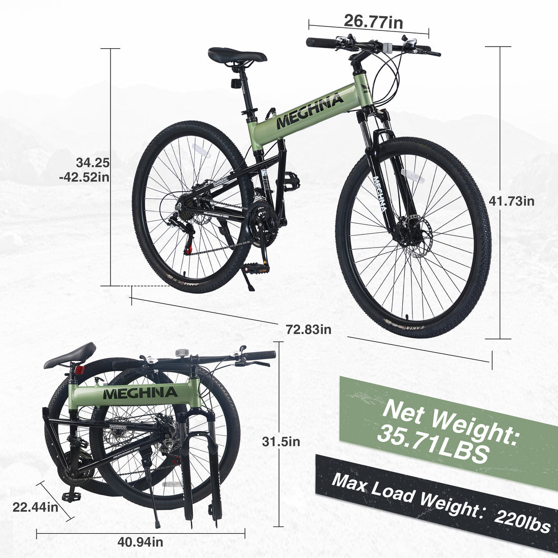 29" Folding Mountain Bike ,Suspension Fork,Aluminium Alloy Frame 21Speed Mountain Bike Cycling Green Garden & Outdoor Aluminium Alloy