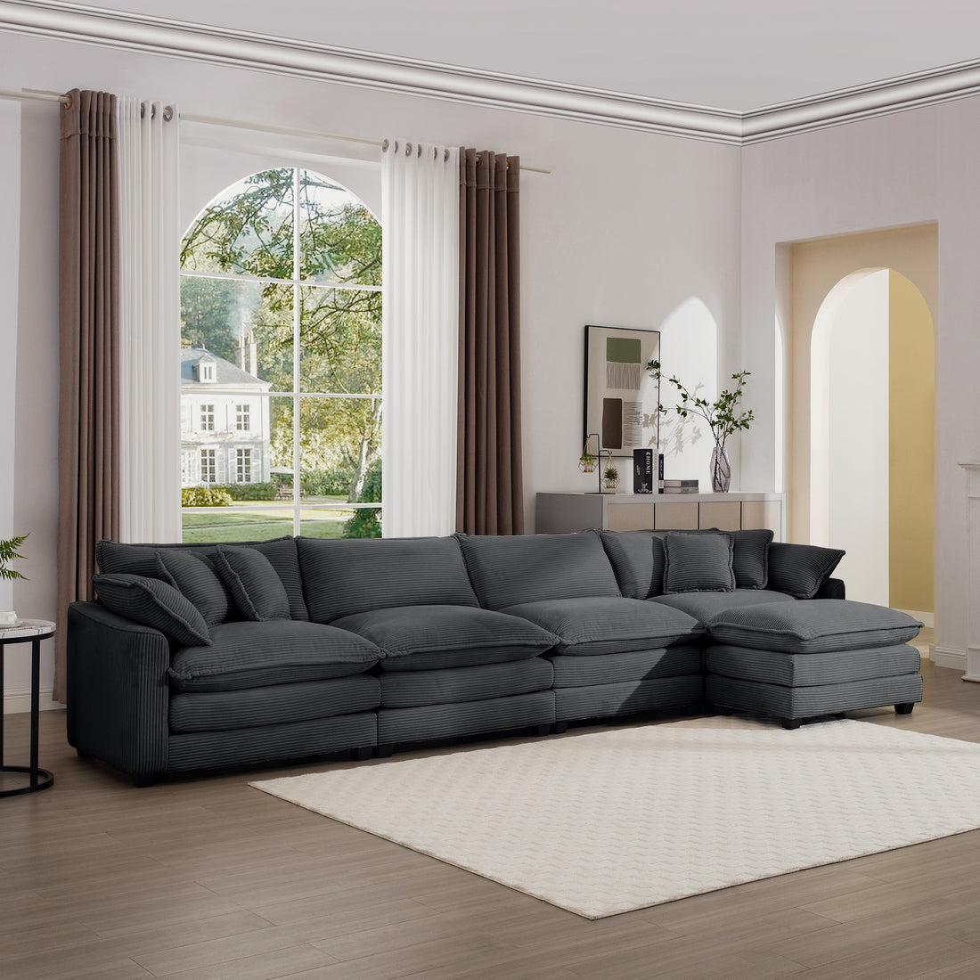 Corduroy Sofa , Modern Upholstered 4 Seater With With 1 Footstool Corduroy Fabric Sofaoffice Living Room Apartment Comfort Sofa, Easy To Assemble With 2 Arm Pillows And 4 Throw Pillows Grey Corduroy 4 Seat