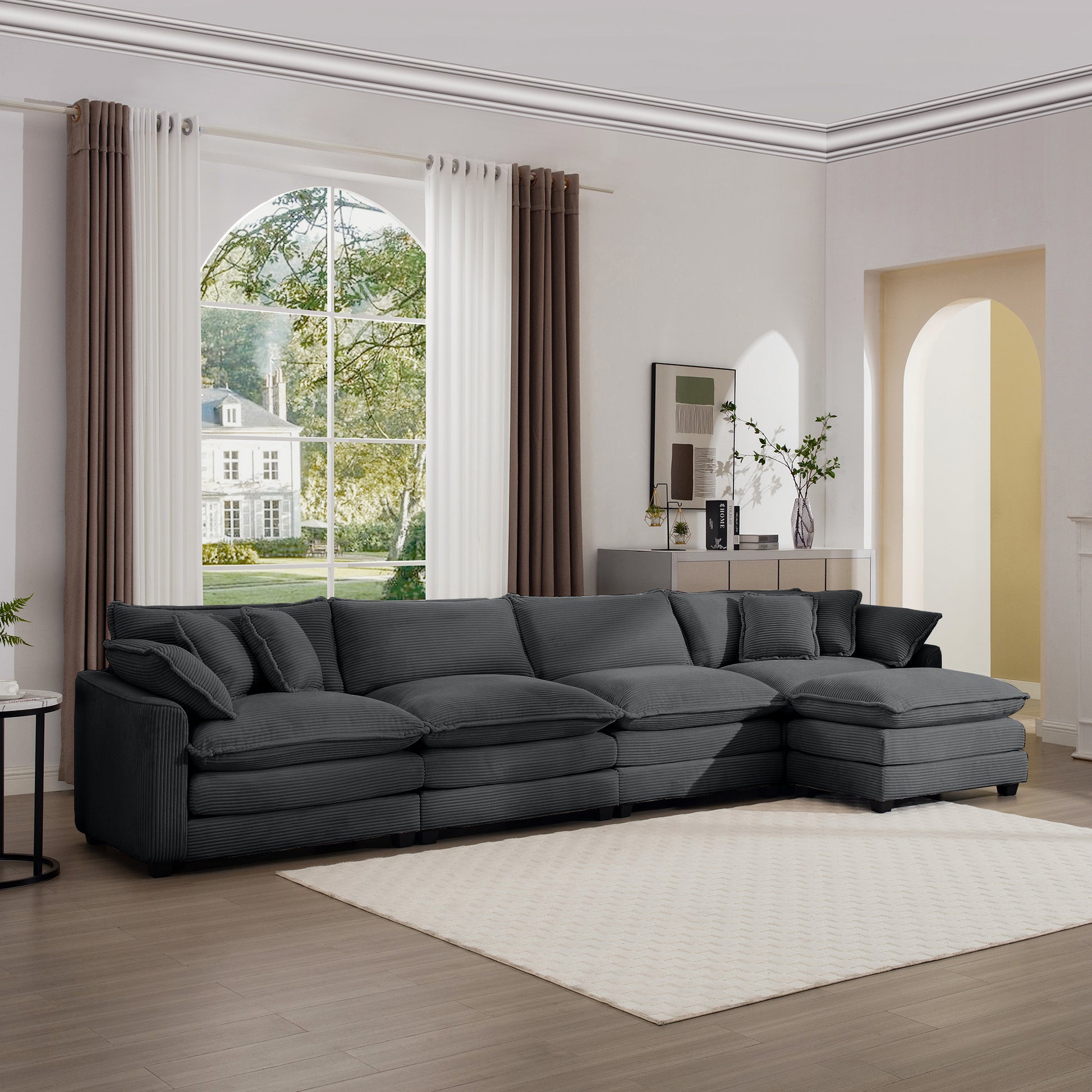 Corduroy Sofa , Modern Upholstered 4 Seater With With 1 Footstool Corduroy Fabric Sofaoffice Living Room Apartment Comfort Sofa, Easy To Assemble With 2 Arm Pillows And 4 Throw Pillows Grey Corduroy 4 Seat