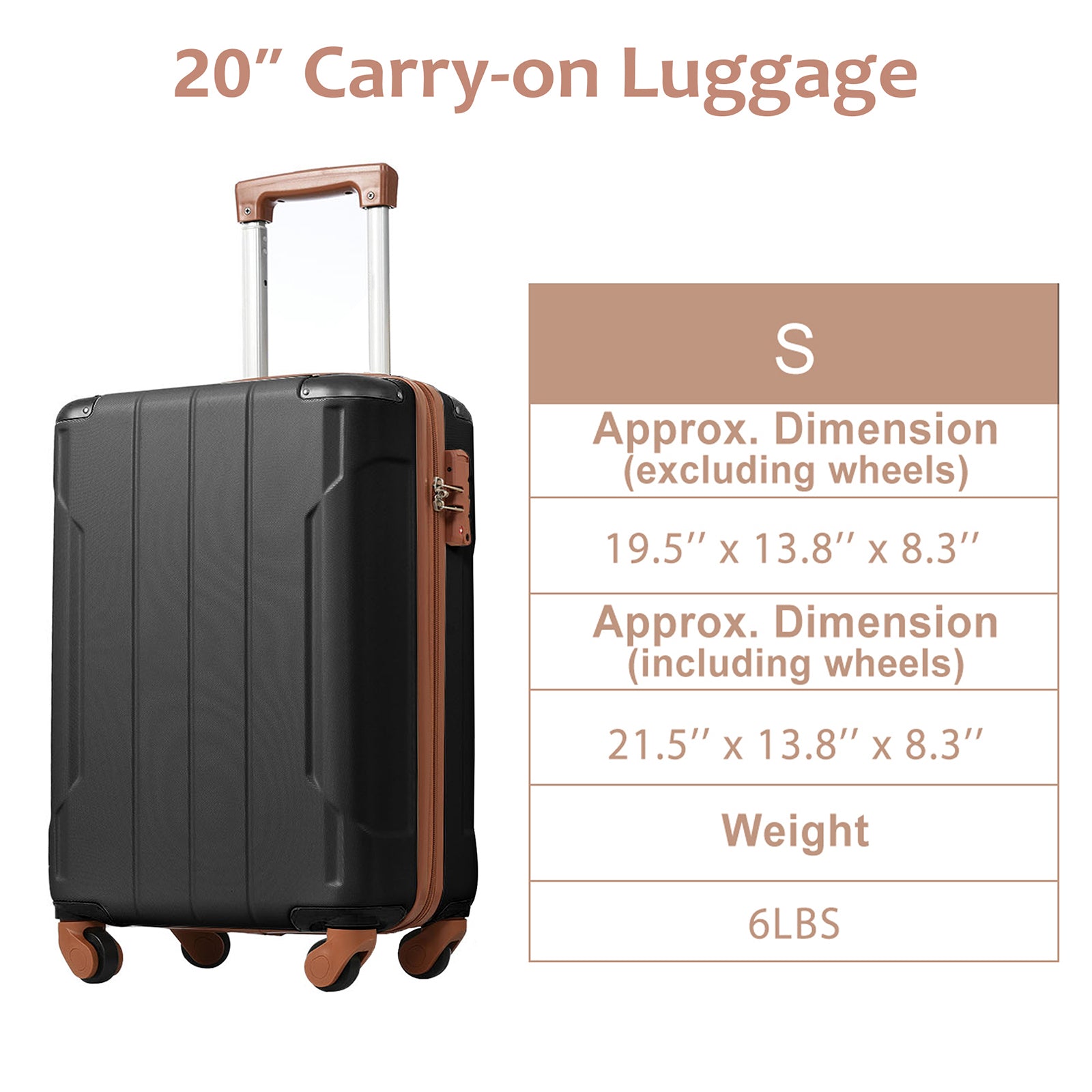 Hardshell Luggage, Lightweight Durable Abs Suitcases With Double Wheels Tsa Lock 20'' Single Luggage Black Brown Abs