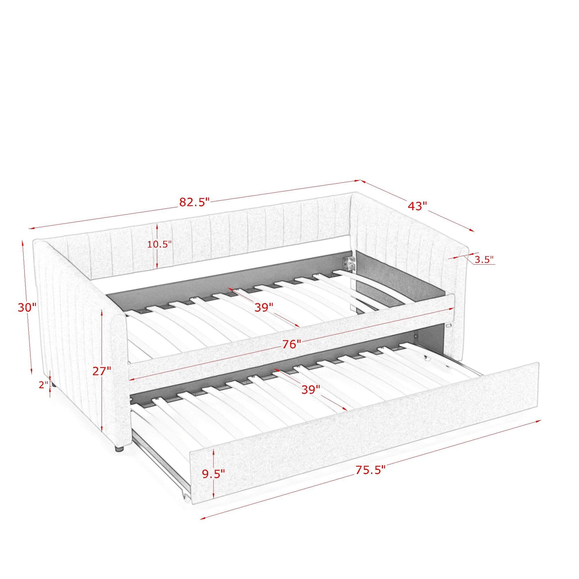 Twin Size Daybed With Trundle Upholstered Sofa Bed, With Vertical Stripes, Linen Fabric, Beige 82.5"X43"X30" Beige Linen