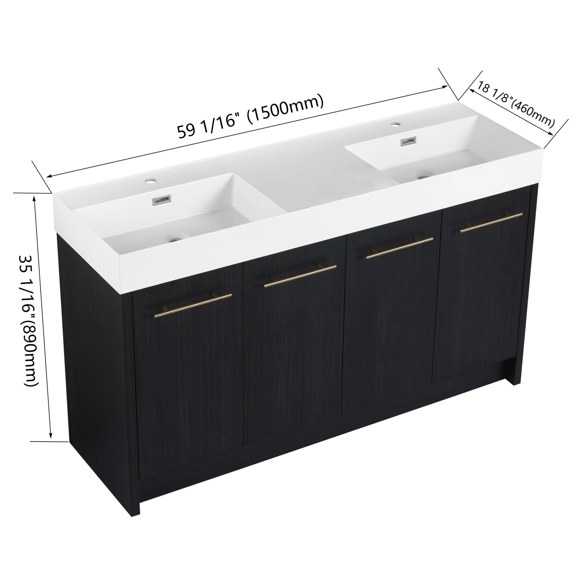 60 Inch Freestanding Bathroom Vanity With Resin Double Sink, With Soft Closing Door, Kd Package Black Chestnut 4 Bathroom Freestanding Modern Plywood