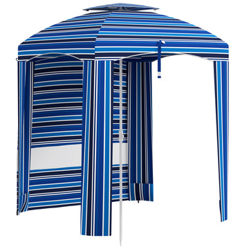 Outsunny 5.8' X 5.8' Portable Beach Umbrella With Double Top, Ruffled Outdoor Cabana With Walls, Vents, Sandbags, Carry Bag, Blue Stripe Multicolor Polyester