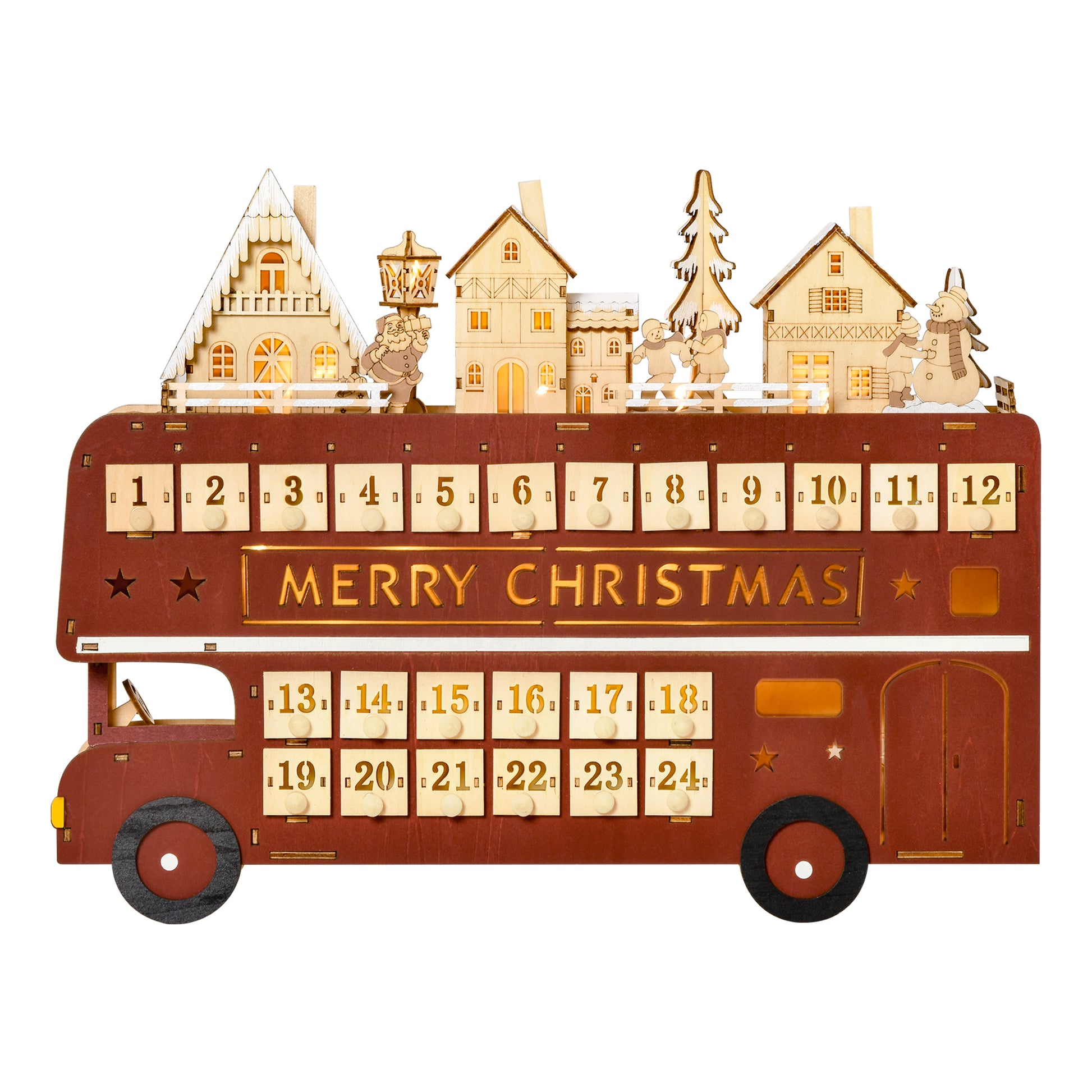 Homcom Christmas Advent Calendar, Light Up Table Xmas Wooden Bus Holiday Decoration With Countdown Drawer, Santa Claus Street House, For Kids And Adults Red Plywood