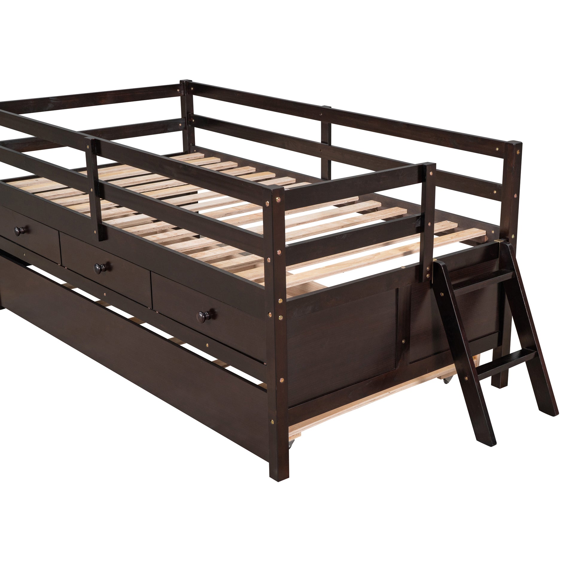 Low Loft Bed Twin Size With Full Safety Fence, Climbing Ladder, Storage Drawers And Trundle Espresso Solid Wood Bed Espresso Solid Wood