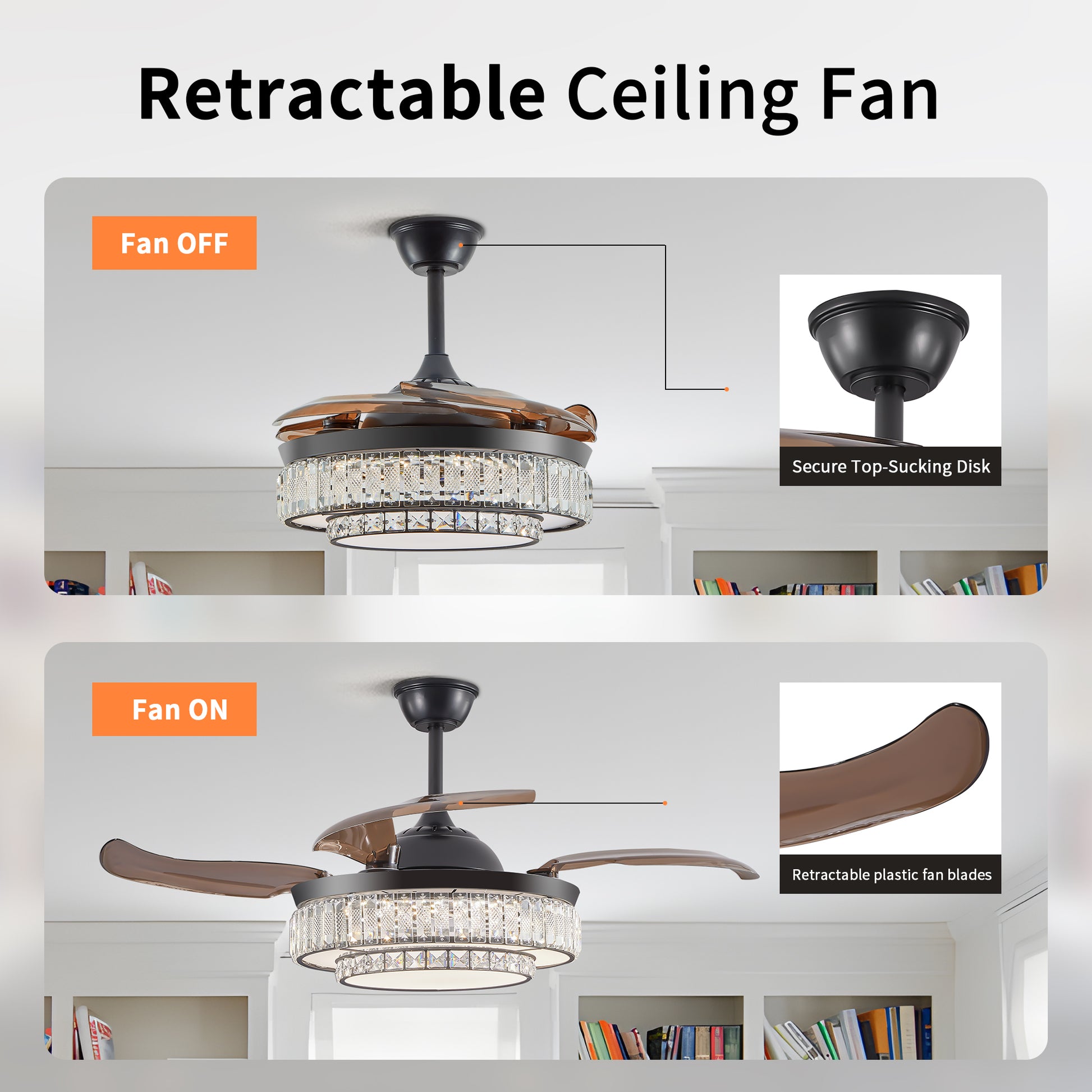 Contemporary Led Retractable Ceiling Fan With Light And Remote Control, Quiet Reversible Motor,4 Blades Modern Ceiling Fans For Kitchen Bedroom Dining Room Patio Black Abs Iron