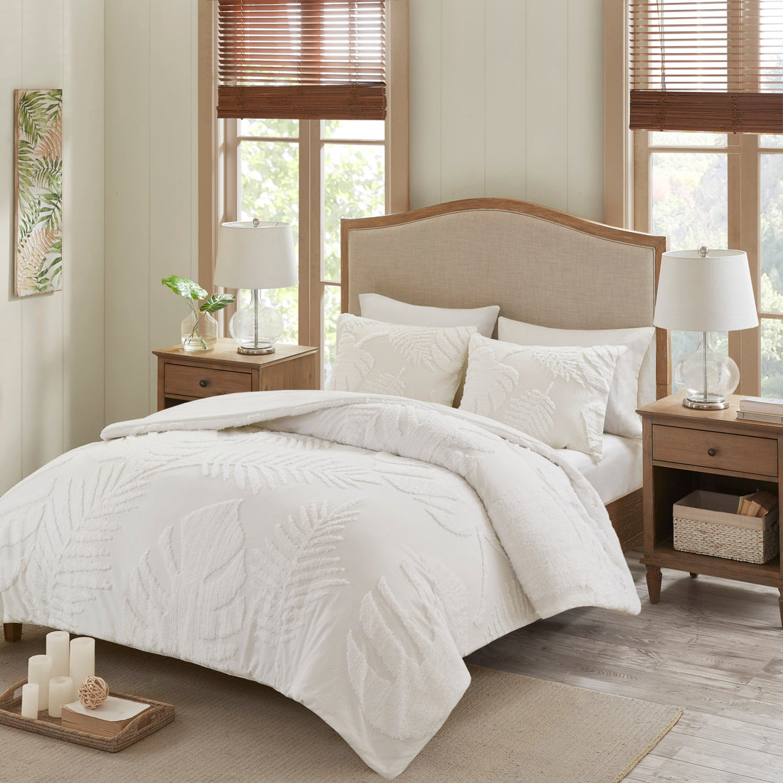 3 Piece Tufted Cotton Chenille Palm Comforter Set Off White Full Queen Queen Off White Cotton