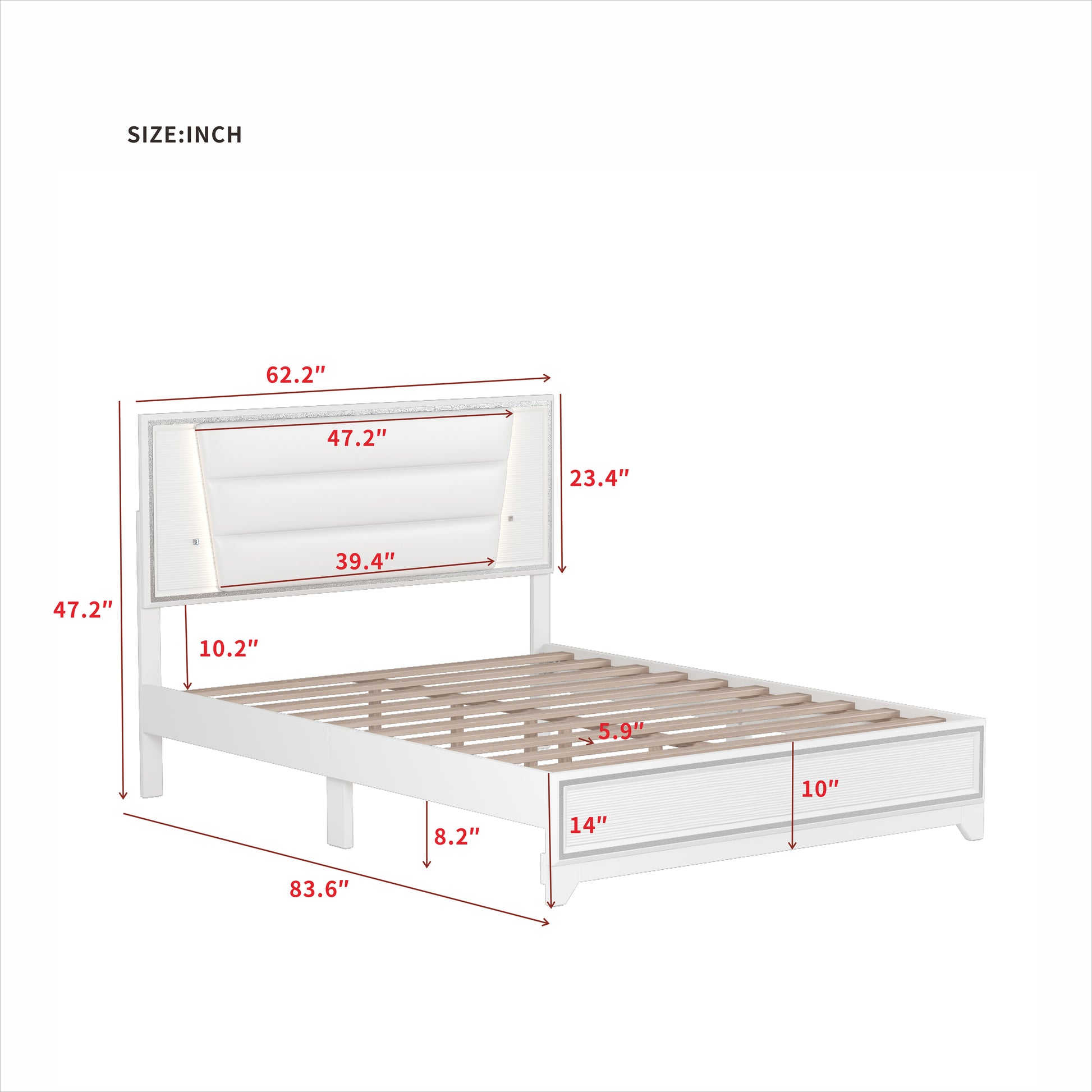 Queen Size Pu Upholstered Bed, Headboard With Led Light Strips And Sparkling Shiny Decoration, No Box Spring Required, White Queen White Pu