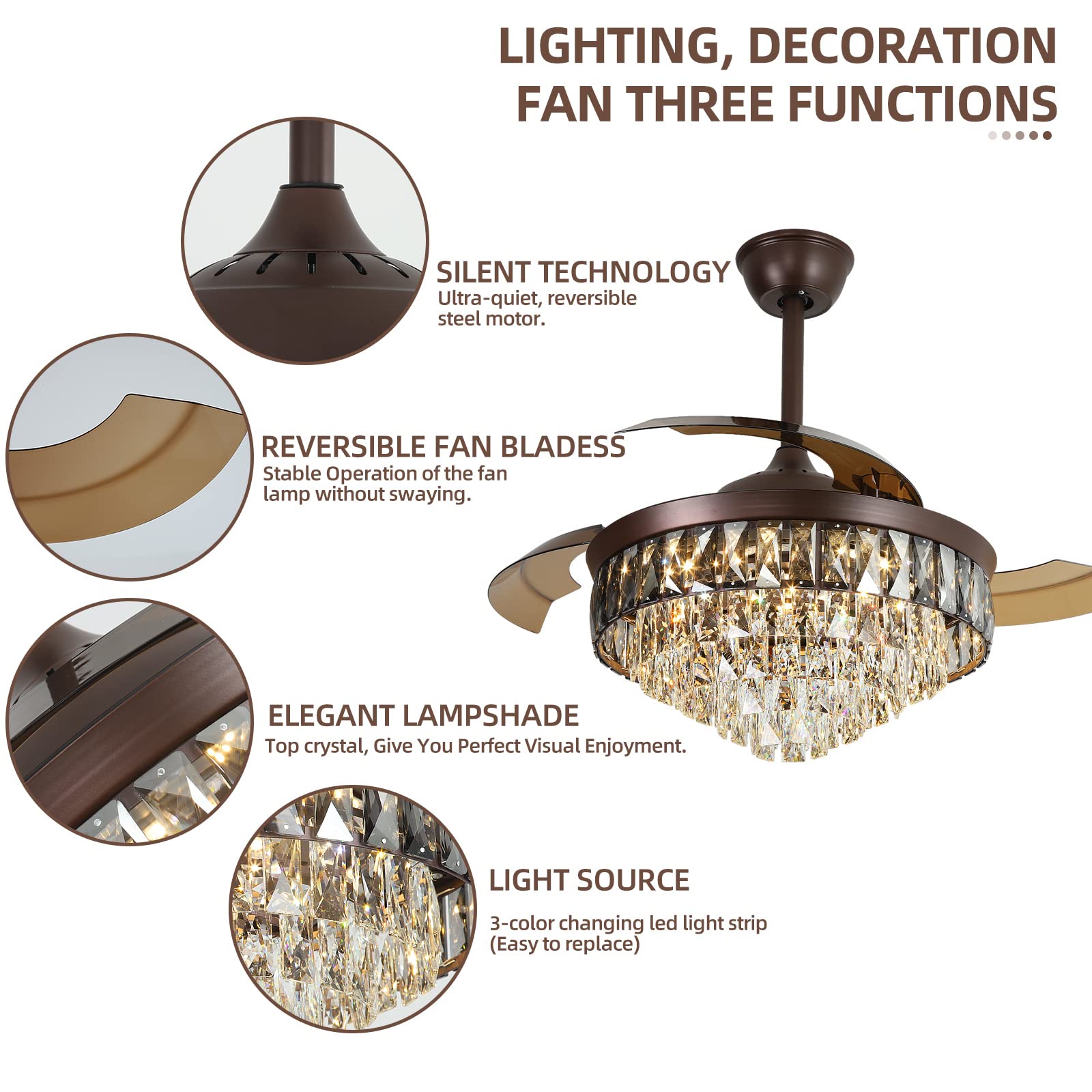 42"Chandelier Ceiling Fan Retractable Ceiling Fans With Lights And Remote Control 6 Speed 3 Changable Led Light Crystal Ceiling Fan Modern Light For Bedroom Indoor Living Room Coffee Luxury Abs Steel Q235