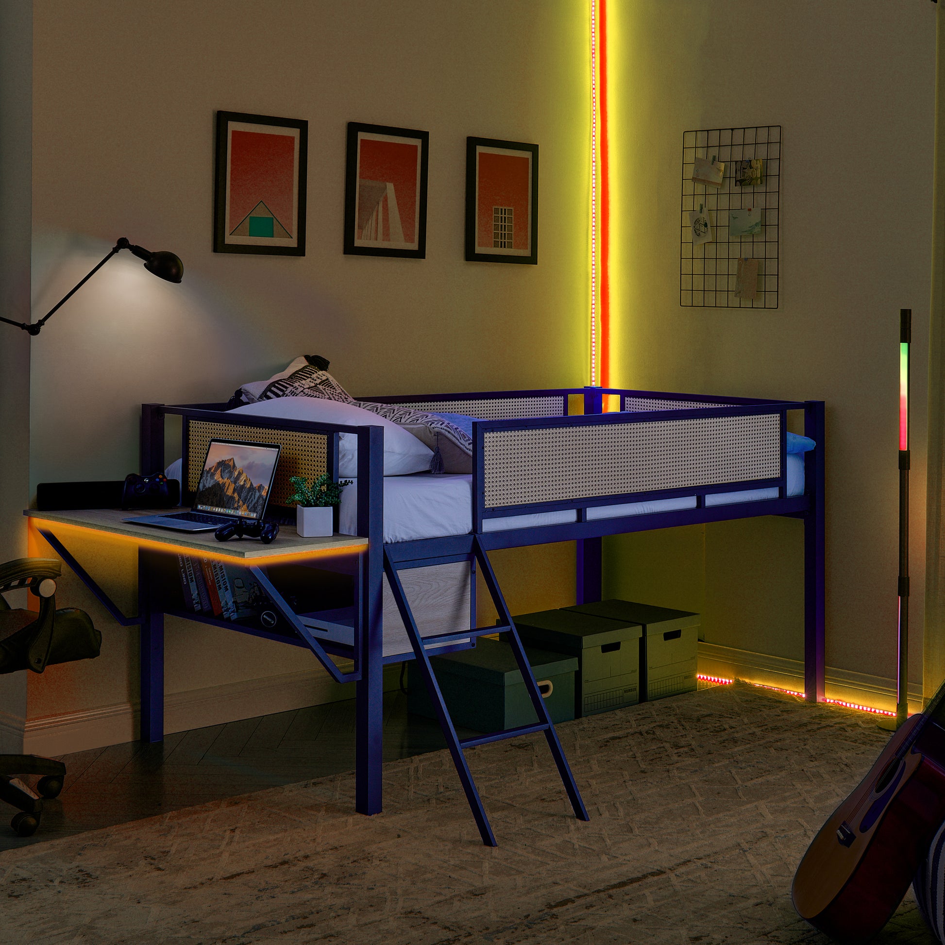 Single Metal Loft Bed With Rectangular Desk, Led Lights, Led Loft Bed Frame Double Bed With Storage Shelves And Hanging Storage Compartments, Safety Guard And Ladder, No Box Springs Required, Rattan G Twin Black Natural Mdf Iron