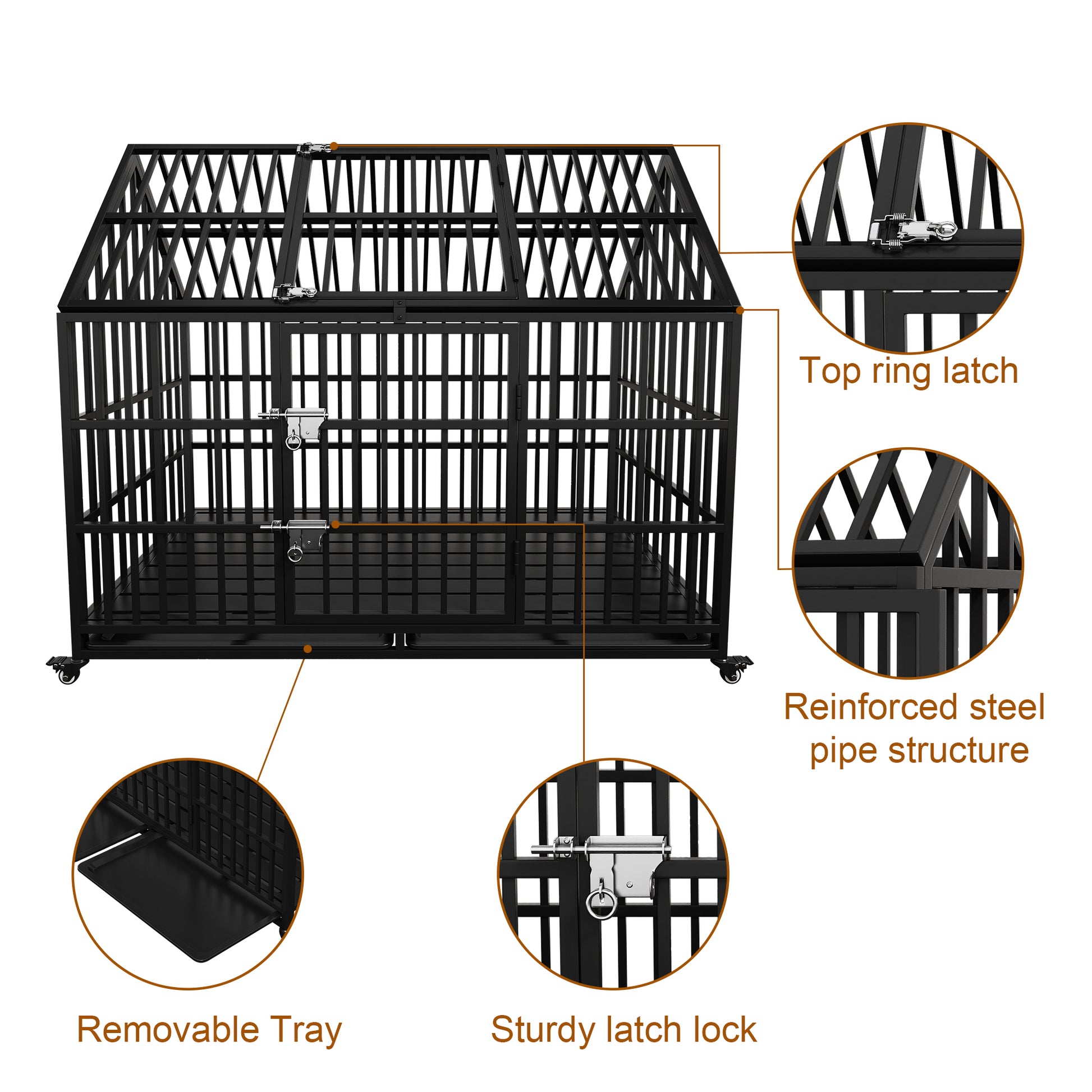 54" Heavy Duty Dog Crate Large Dog Cage Strong Metal Dog Kennels And Crates For Large Dogs Top Open With 2 Doors 4 Lockable Wheels 2 Removable Trays Black Outdoor Kennel Extra Large 71 90 Lbs Steel