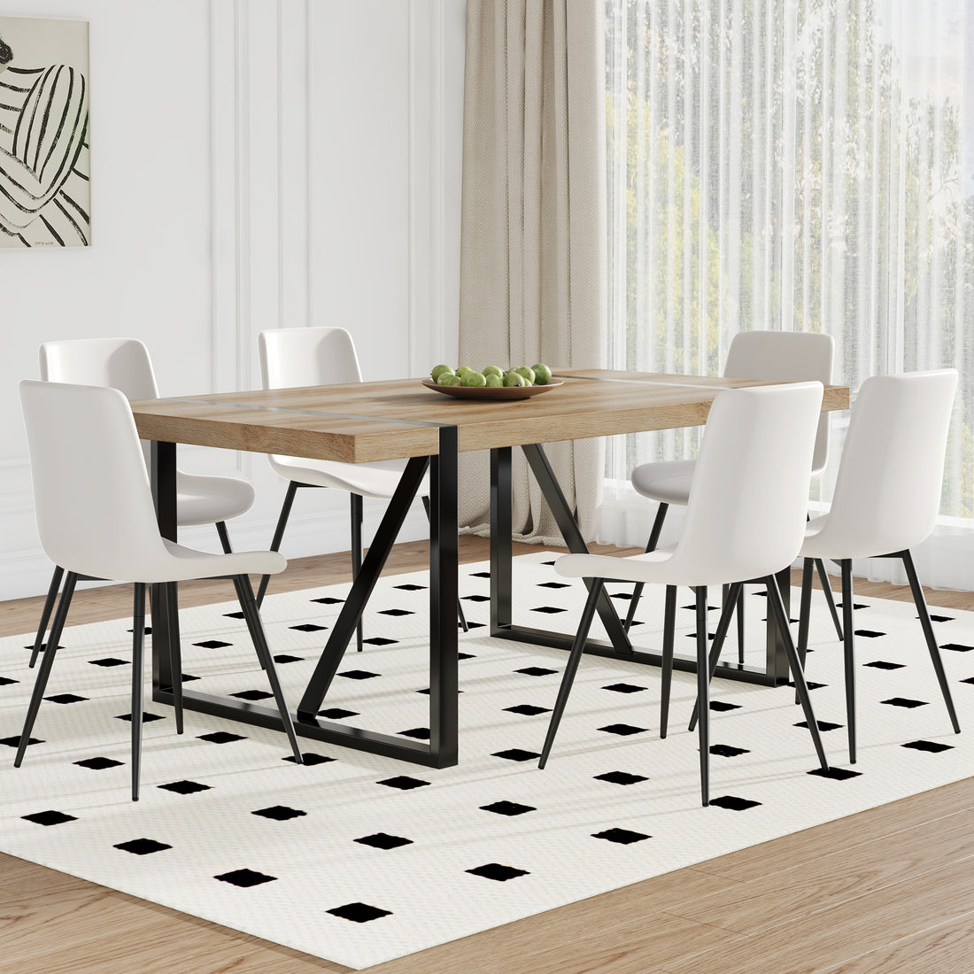 Table And Chair Set, Textured Top In Vintage Wood Color, Black Metal Legs. Dining Chair With White Faux Leather Backrest Cushion With Black Metal Legs. Wood Seats 6 Mdf Metal