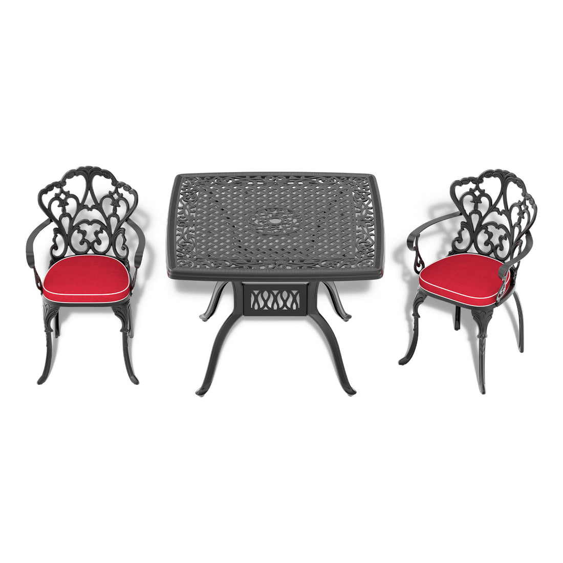 Cushions In Random Colors 3 Piece Set Of Cast Aluminum Patio Furniture With Cushions Yes Dining Set Black Seats 2 Rust Resistant Frame Water Resistant Cushion Garden & Outdoor Aluminium