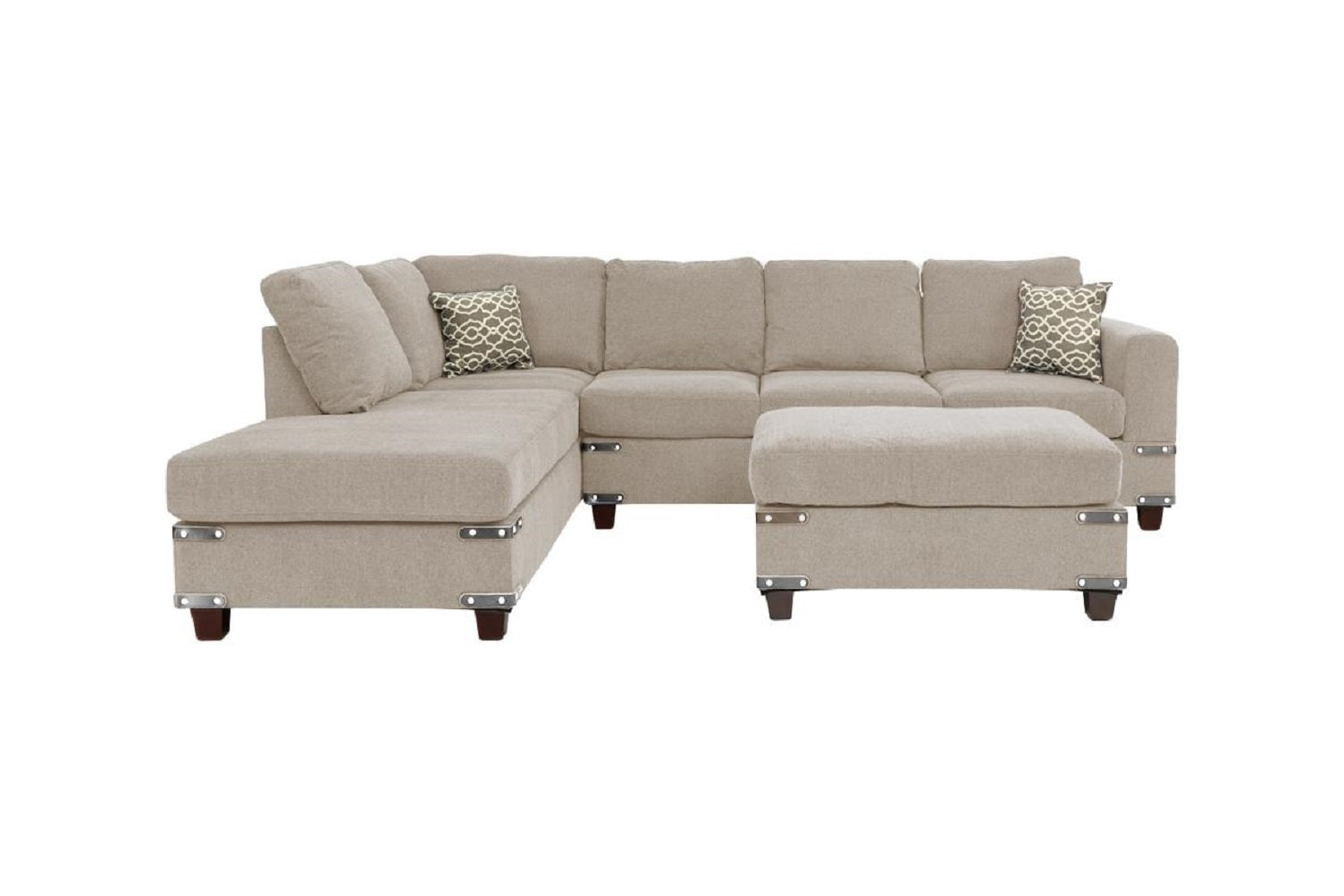 Living Room Furniture Mushroom Chenille Sectional W Ottoman Linen Like Fabric Sofa Reversible L R Chaise Ottoman 3Pc Sectional Sofa Mushroom Chenille Wood Primary Living Space Cushion Back