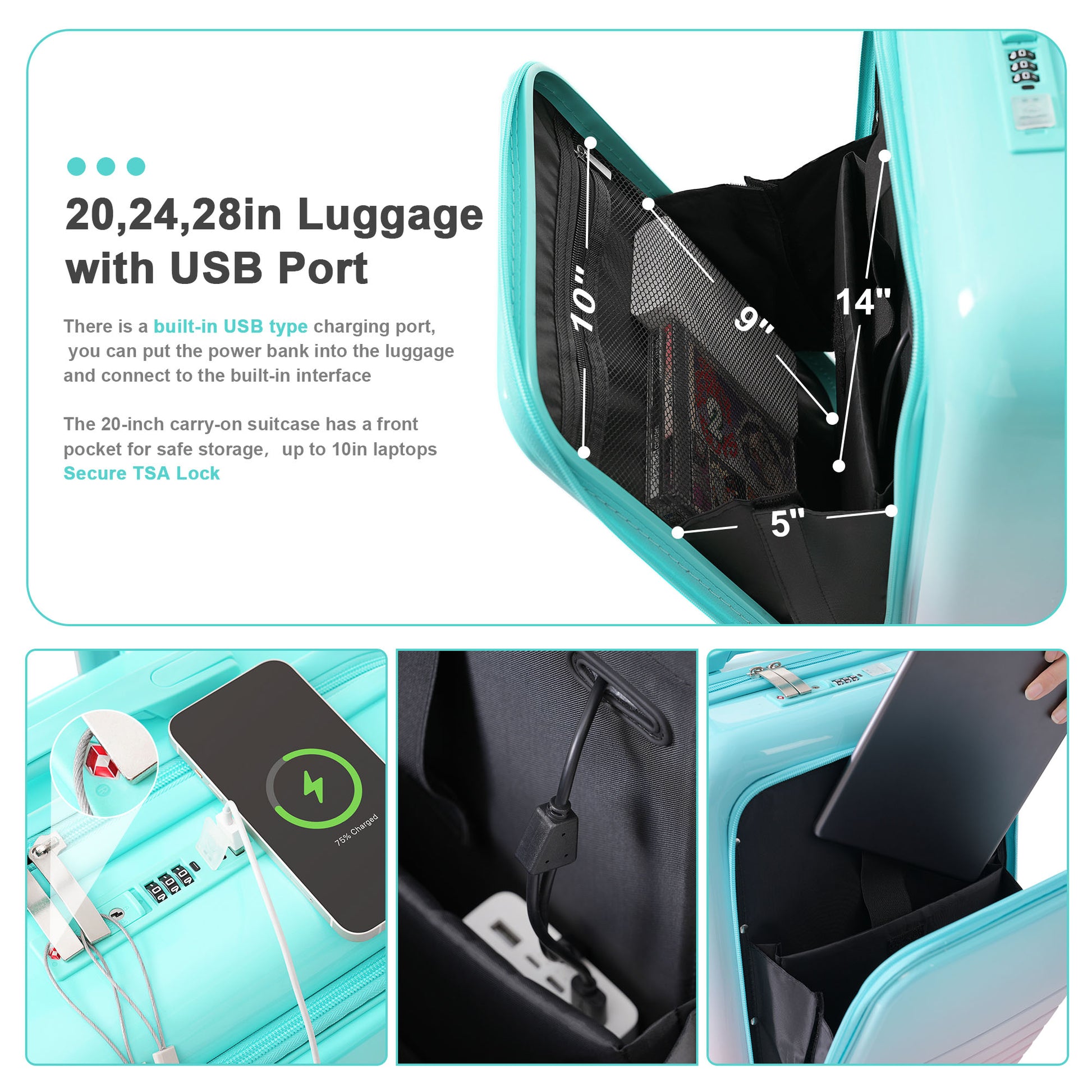 Luggage Set Of 3, 20, 24, 28Inch With Usb Port, 20, 24Inch With Front Opening Design Airline Certified Carry On Luggage With Cup Holder, Abs Pc Hard Shell Luggage With Spinner Wheels, Light Blue