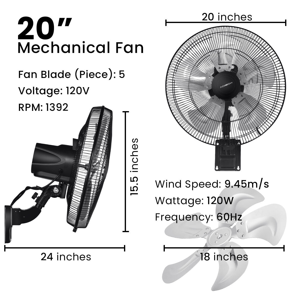 18 In. 90 Degree 5 Speed Settings Black Wall Mount Fan Horizontal Oscillation Indoor Outdoor Household Commercial Black Metal