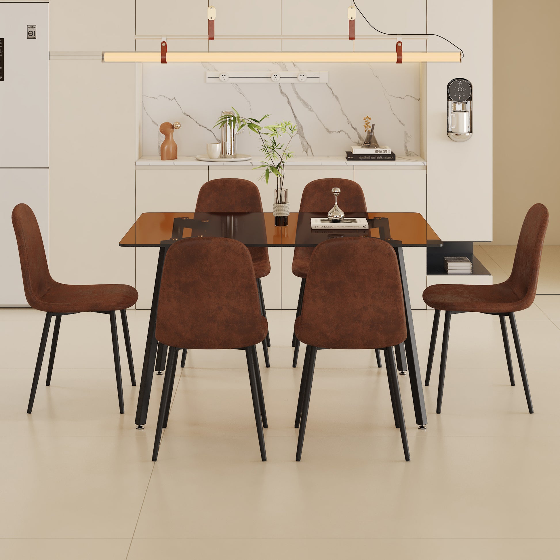 Table And Chair Set.Large Modern Rectangular Table With Brown Glass Top And Silver Metal Legs. Paired With 6 Brown Chairs With Soft Linen Fabric Cushions And Black Metal Legs. Brown,Silver Seats 6 Glass Metal