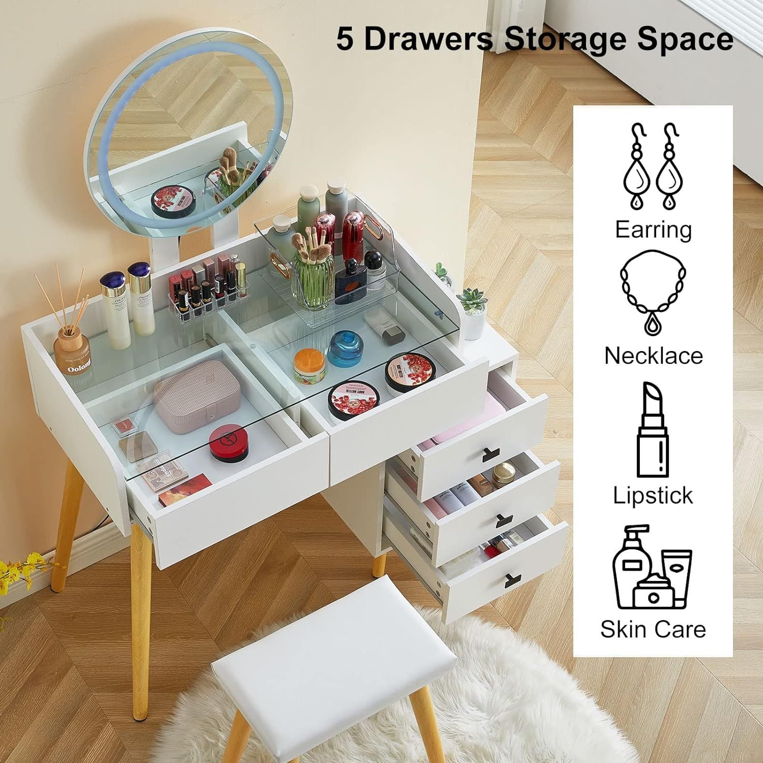Dressing Table With Led Lights Glass Top Dressing Table With Extendable Side Table 5 Drawers Dressing Table With Mirror And Stool For Bedroom White Drawer 5 Drawers & Above Bedroom Modern Mirror Included White Particle Board Mdf