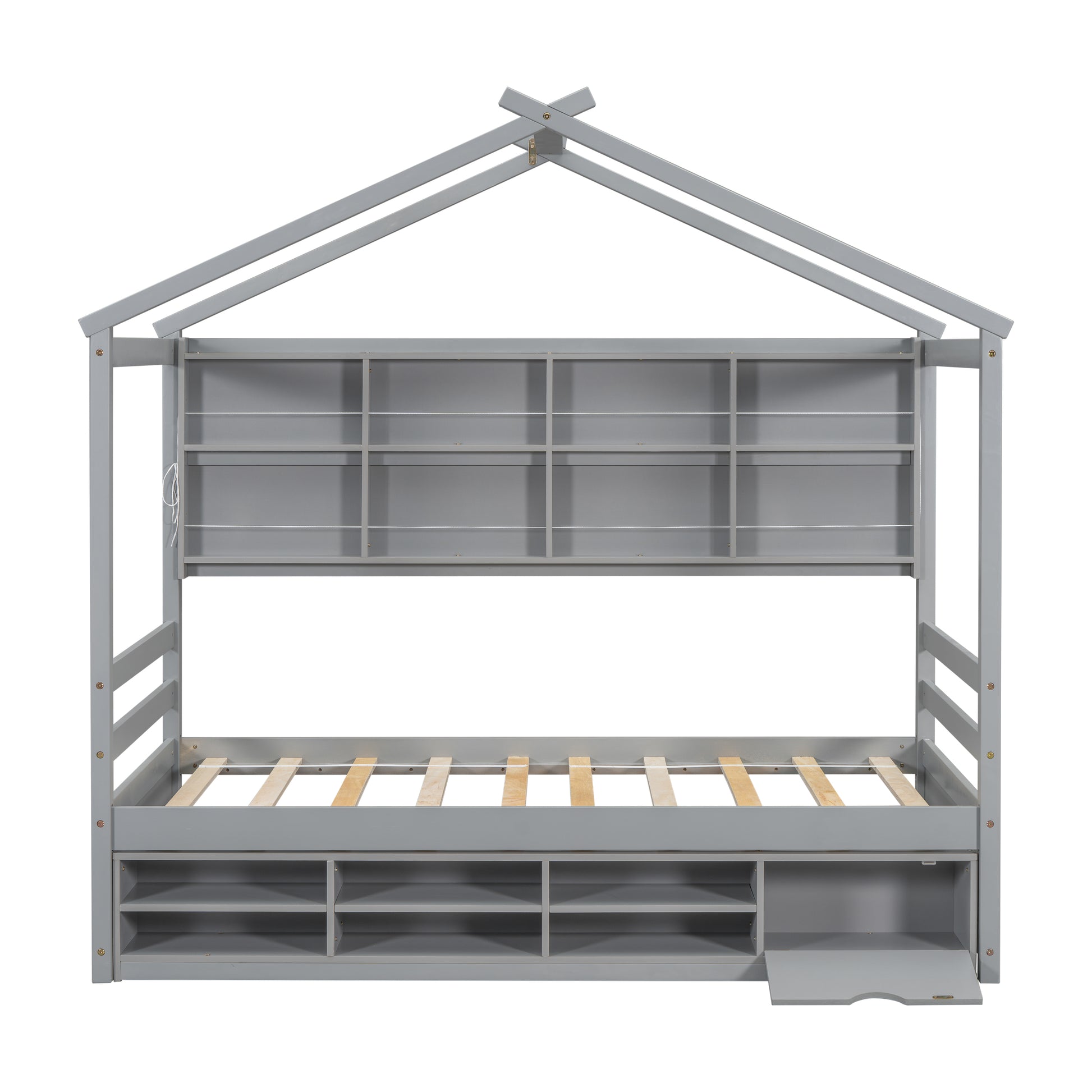 Twin House Bed With Roof Frame, Bedside Shelves, Under Bed Storage Unit,Grey Twin Grey American Design Pine