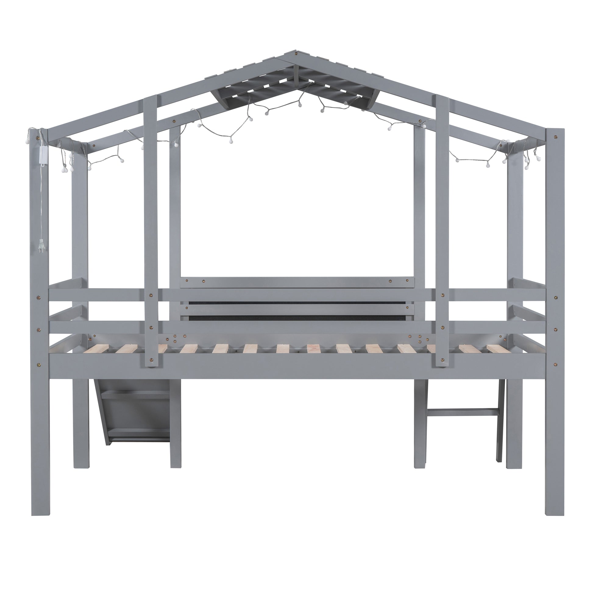 Twin Size Loft Bed With Ladder And Slide, House Bed With Blackboard And Light Strip On The Roof, Gray Twin Gray Solid Wood Mdf