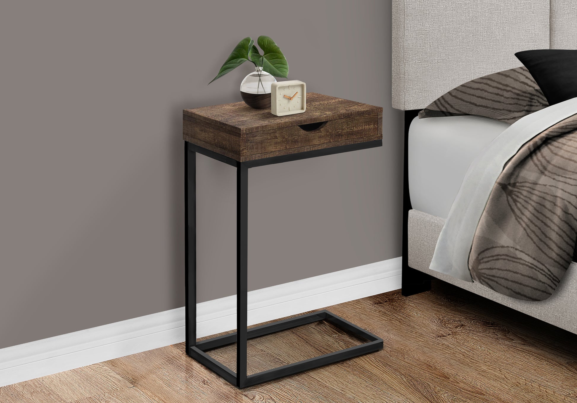 Accent Table, C Shaped, End, Side, Snack, Storage Drawer, Living Room, Bedroom, Brown Laminate, Black Metal, Contemporary, Modern Brown Particle Board