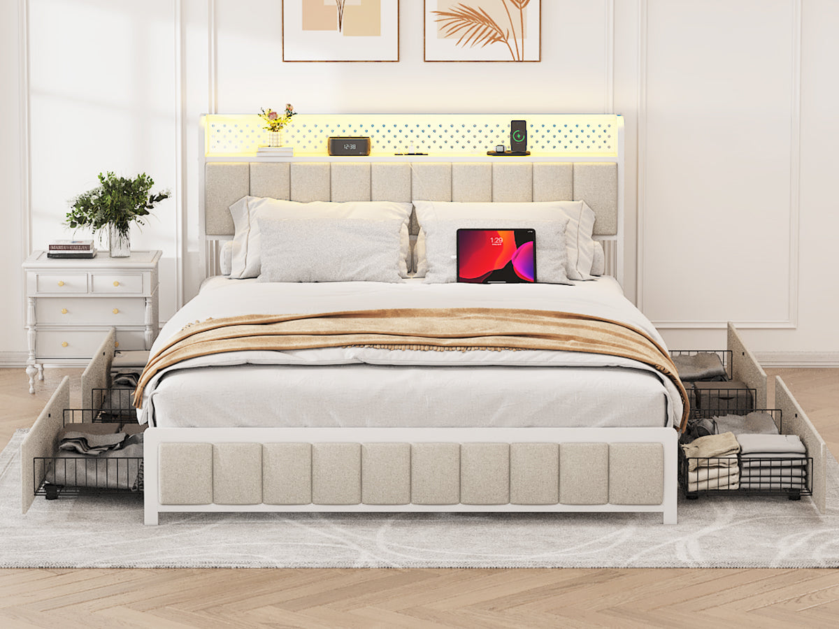 Queen Size Platform Bed With 4 Drawers, Metal Bed Frame With Led Lights And Charging Station, No Box Spring Needed, Beige , Noise Free,Easy Assemble. Box Spring Not Required Queen Beige Metal Bedroom Bed Frame Linen Mdf Metal