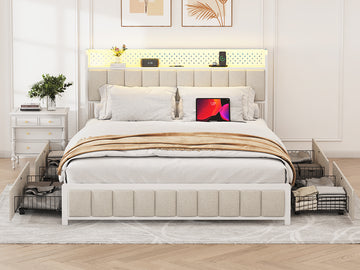 Queen Size Platform Bed With 4 Drawers, Metal Bed Frame With Led Lights And Charging Station, No Box Spring Needed, Beige , Noise Free,Easy Assemble. Box Spring Not Required Queen Beige Metal Bedroom Bed Frame Linen Mdf Metal