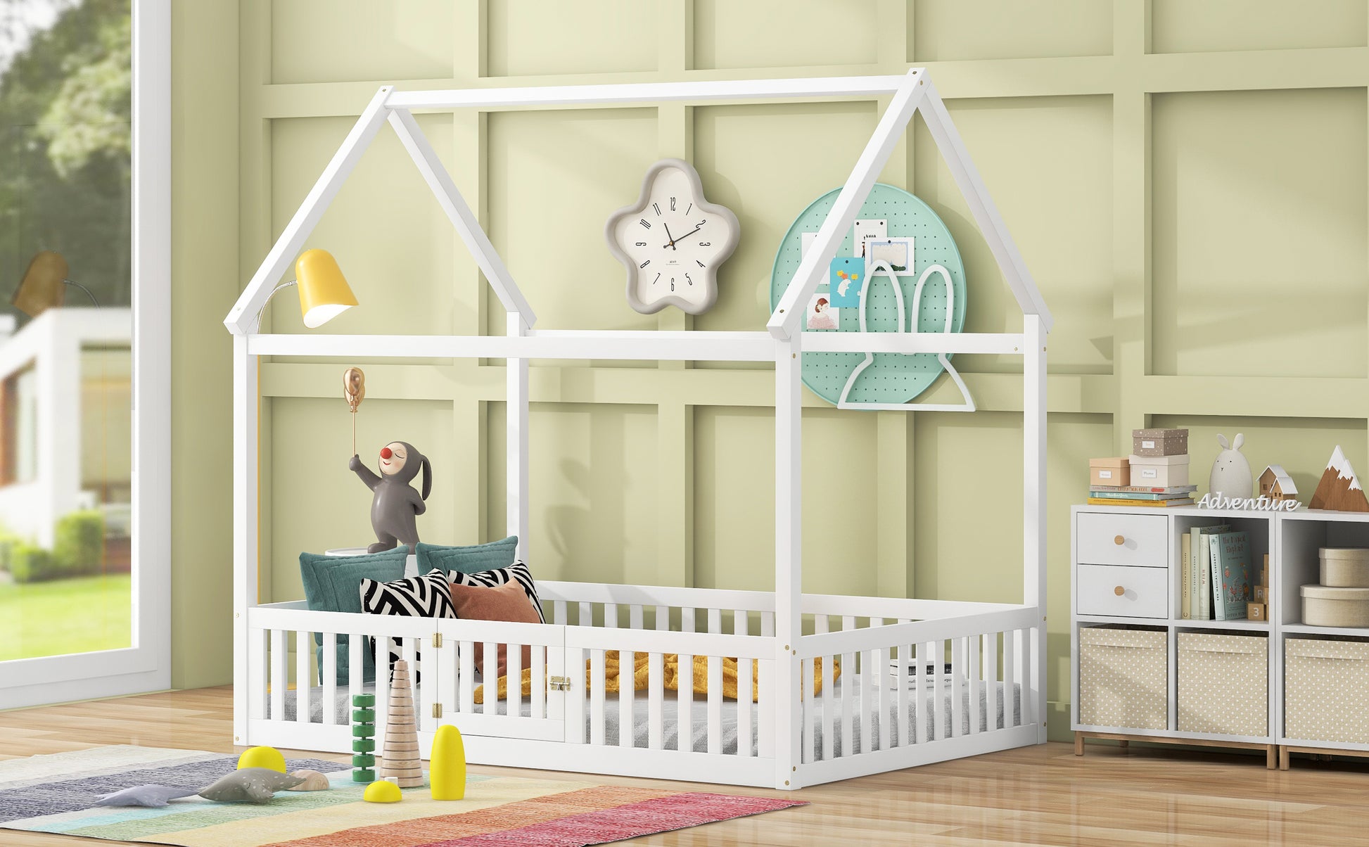 Full Size Wood House Bed With Fence And Door, White Old Sku: Wf303134Aak Box Spring Not Required Full White Wood Bedroom Bed Frame Pine