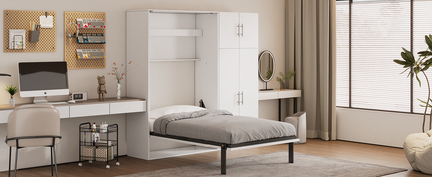 Twin Size Murphy Bed With Lockers And Wardrobes, White Box Spring Not Required Twin White Murphy Solid Wood Mdf