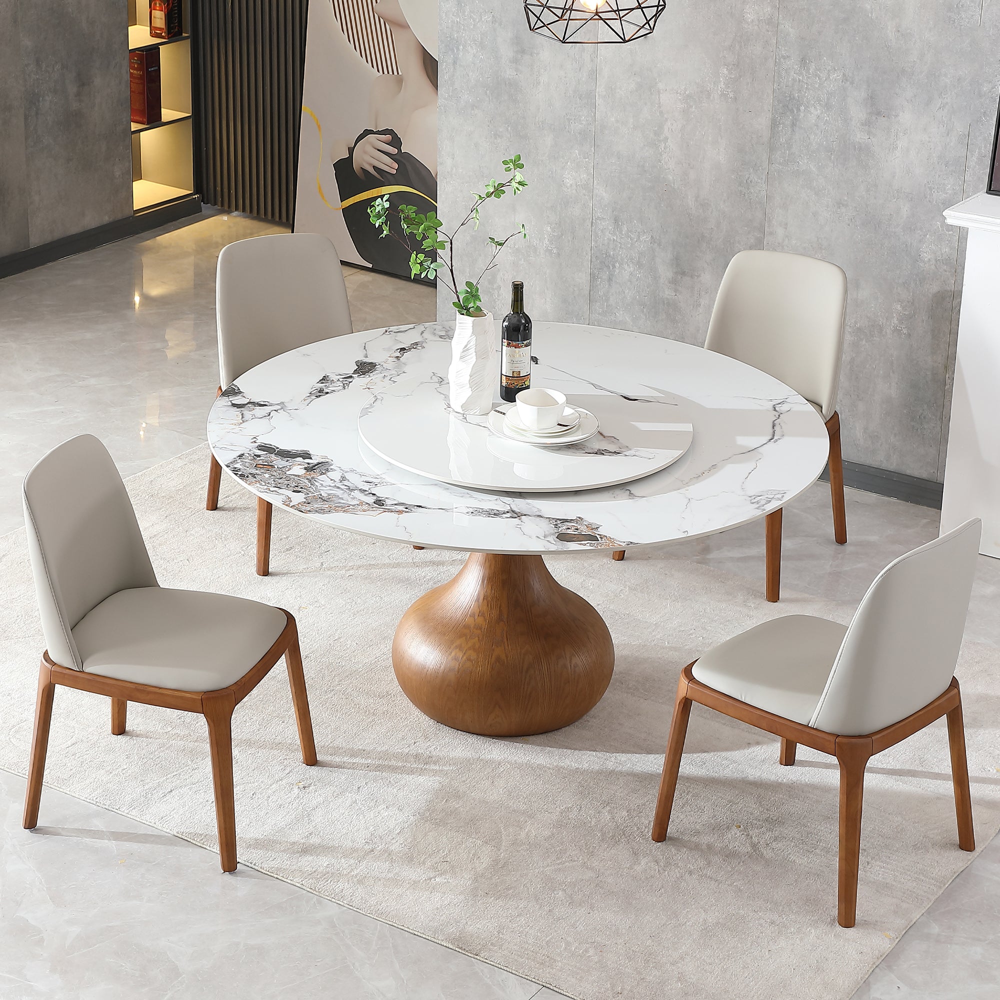 Modern Marble Dining Table, 59" Round Sintered Stone Table For Dining Room, Kitchen, Dinette, Compact Space With Lazy Susan 4 Chairs Walnut,White Dining Room American Design,Luxury,Modern Oak Round