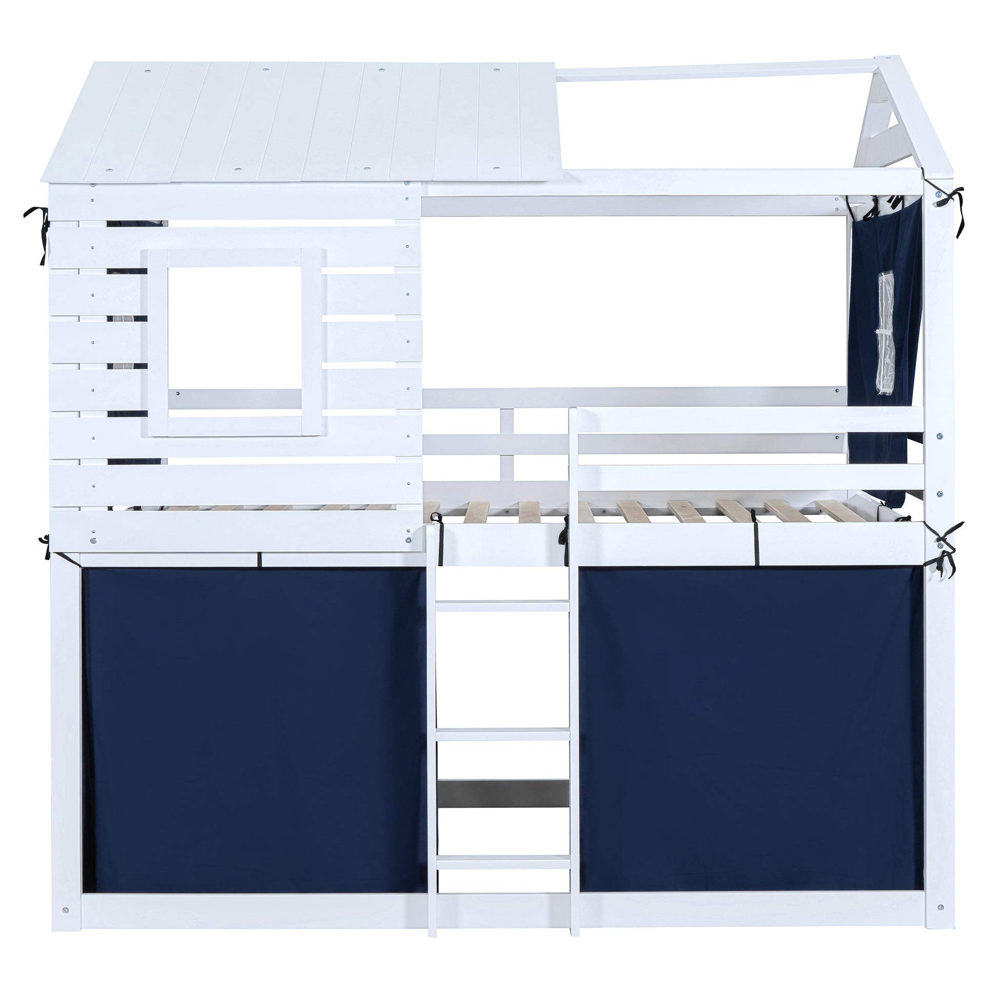 Full Size Bunk Wood House Bed With Tent, Blue White Full Blue Solid Wood Mdf