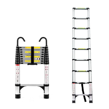 8.5Ft Telescopic Ladder, Telescopic Aluminum Alloy Multi Purpose Folding Telescopic Ladder With Hooks And Triangular Support Frame, Suitable For Outdoor Work At Home Or Rv Antique Silver Aluminium
