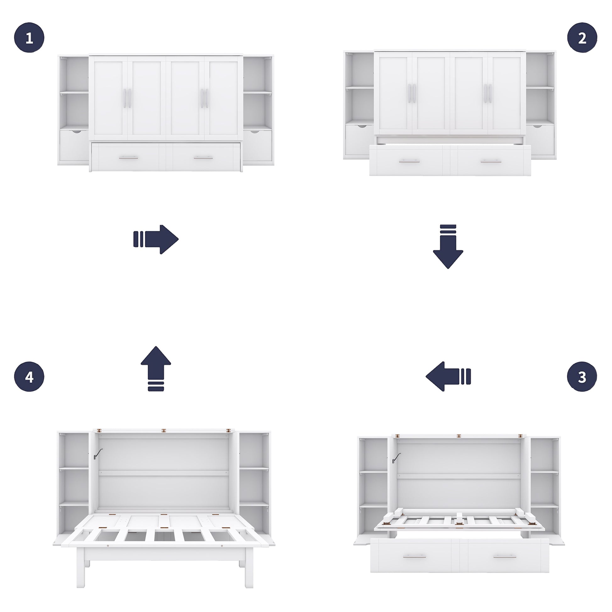 Full Size Murphy Bed With Shelves, Drawers And Usb Ports,White White Mdf Lvl