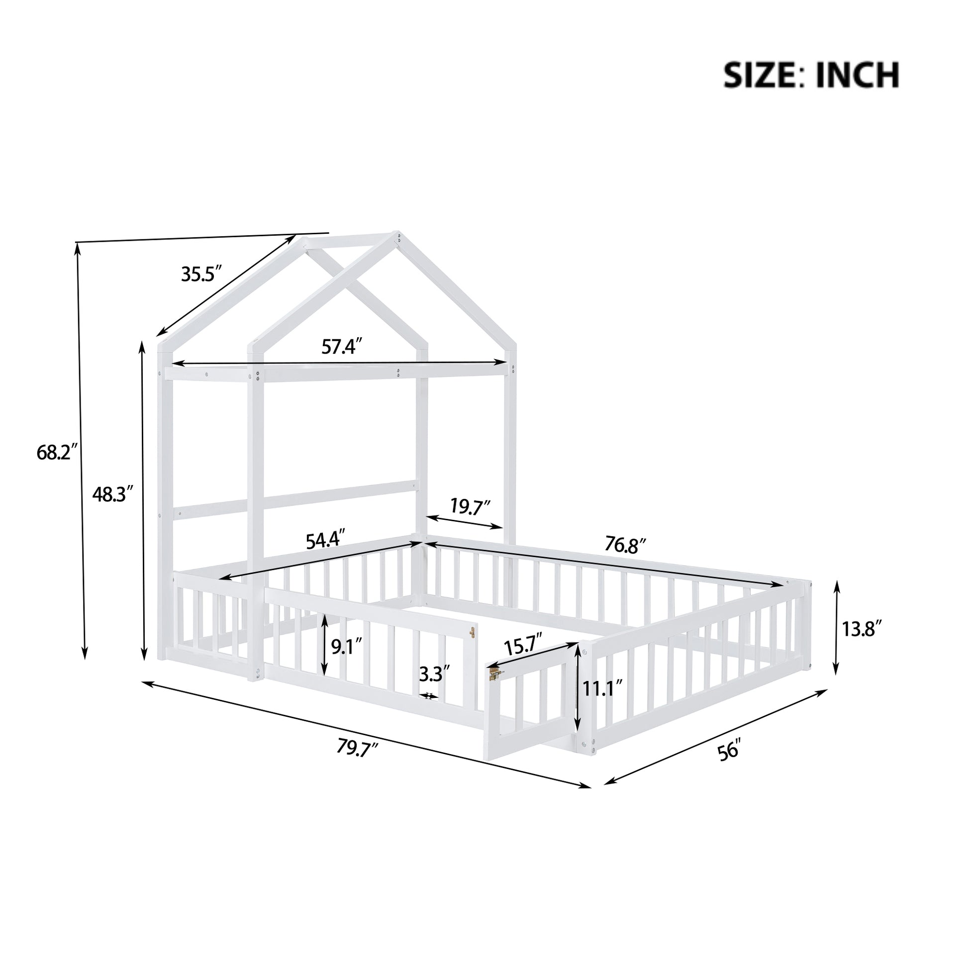 Wooden Floor Bed With Fence Railings And Detachable House Shape Headboard, Full Size Bed With Kids Dress Up Rack, Kids Montessori Style Playhouse Frame For Girls Boys, White Full White Wood