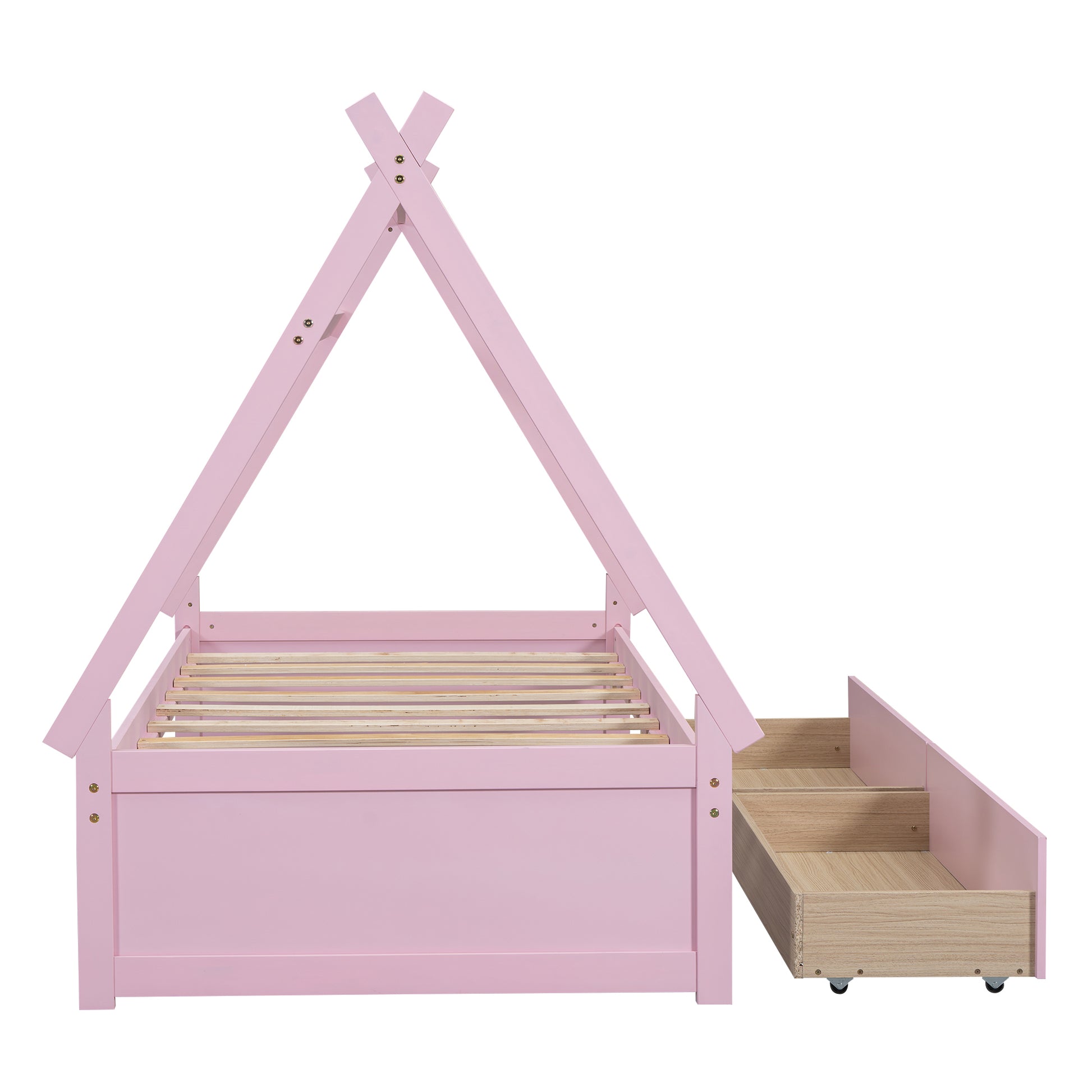 Twin Size House Platform Bed With Two Drawers,Headboard And Footboard, Pink Twin Pink Pine