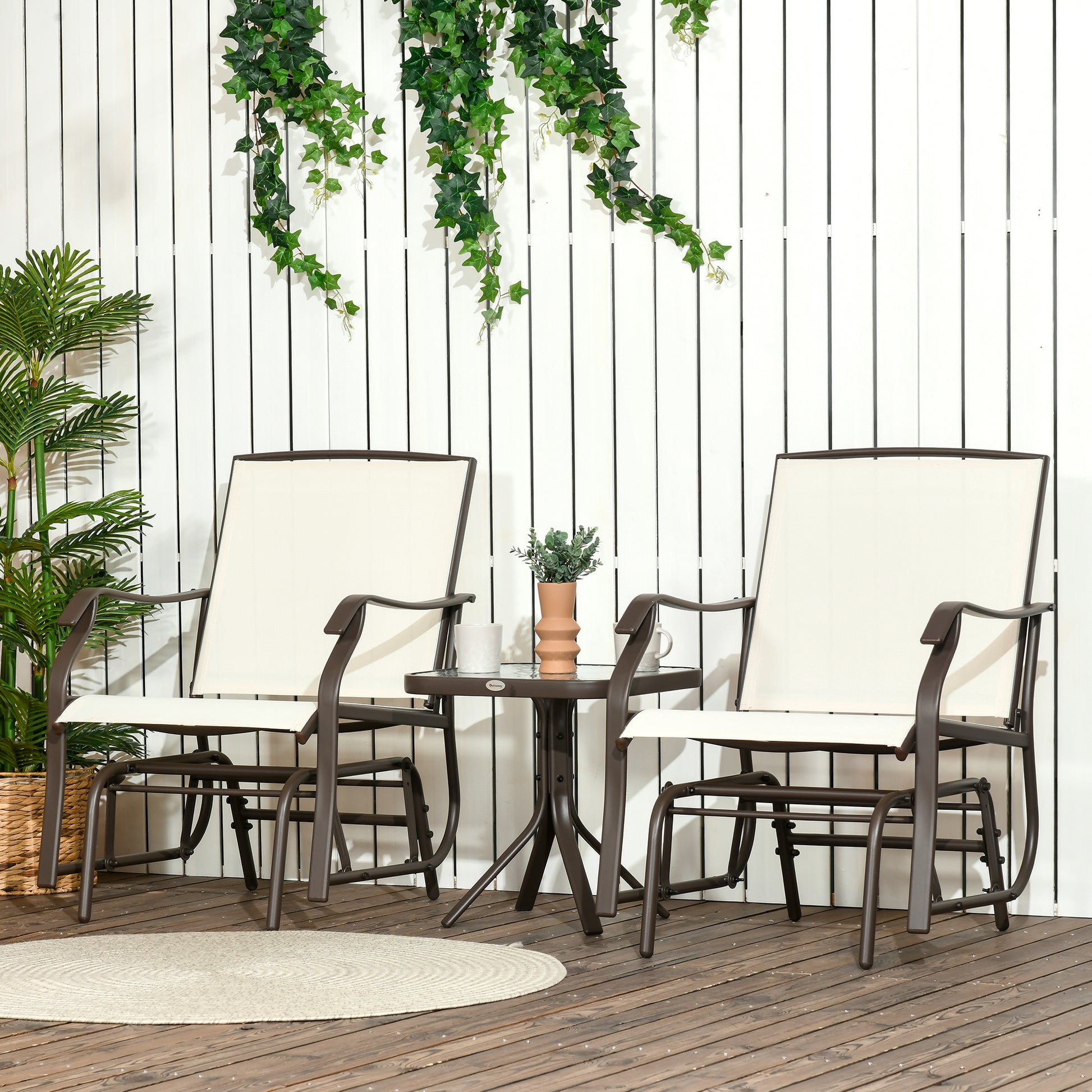 Outsunny 3 Piece Outdoor Glider Chair With Coffee Table Bistro Set, 2 Patio Rocking Swing Chairs Withsling Fabric, Glass Tabletop, For Backyard, Garden And Porch, Cream White Cream White Fabric Metal