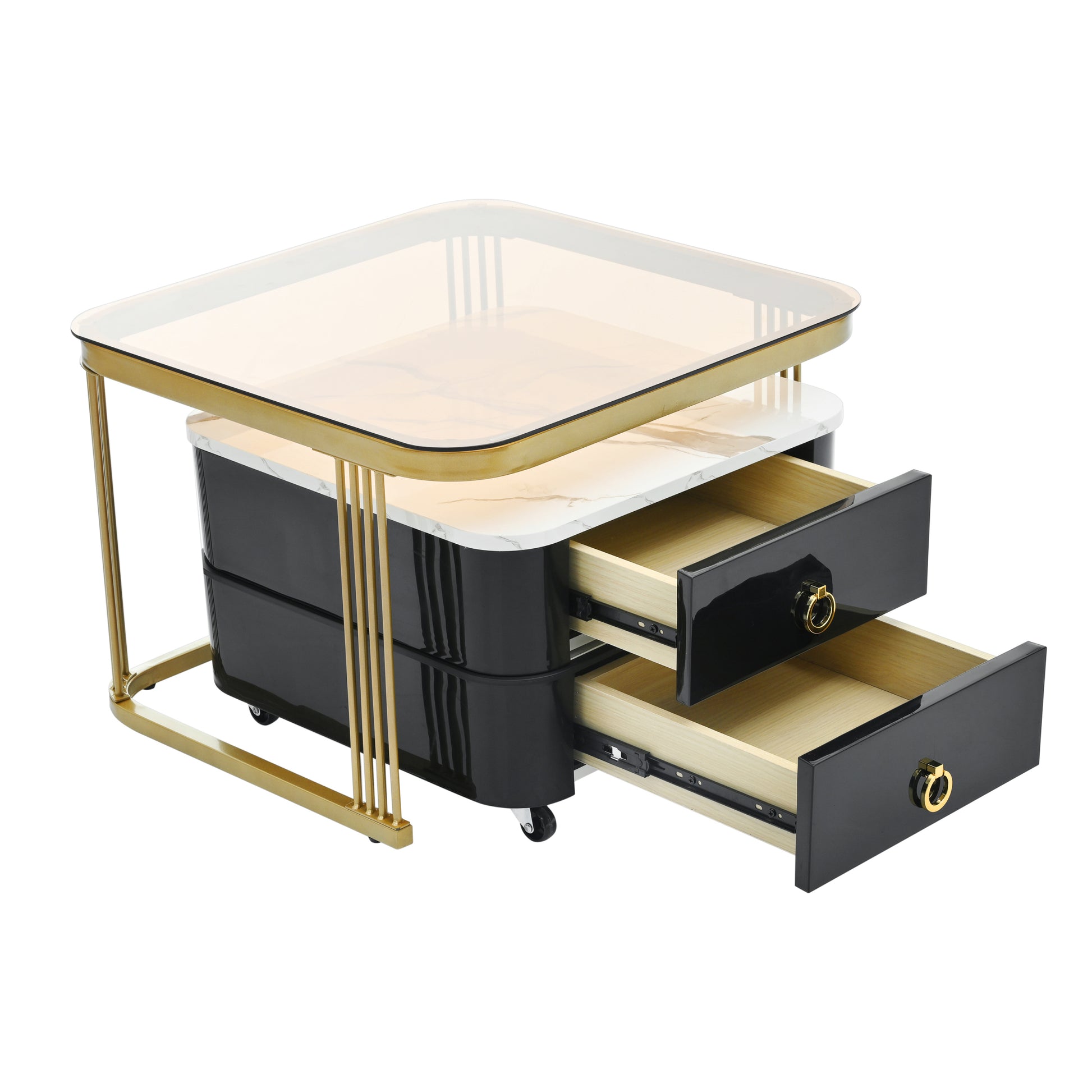 2 In 1 Square Nesting Coffee Table With Wheels & Drawers, Stackable Side Table With High Gloss Marble Grain Top, End Table Set With Brown Tempered Glass For Living Room, Black Black Gold Primary Living Space Drawers Square Mdf Steel